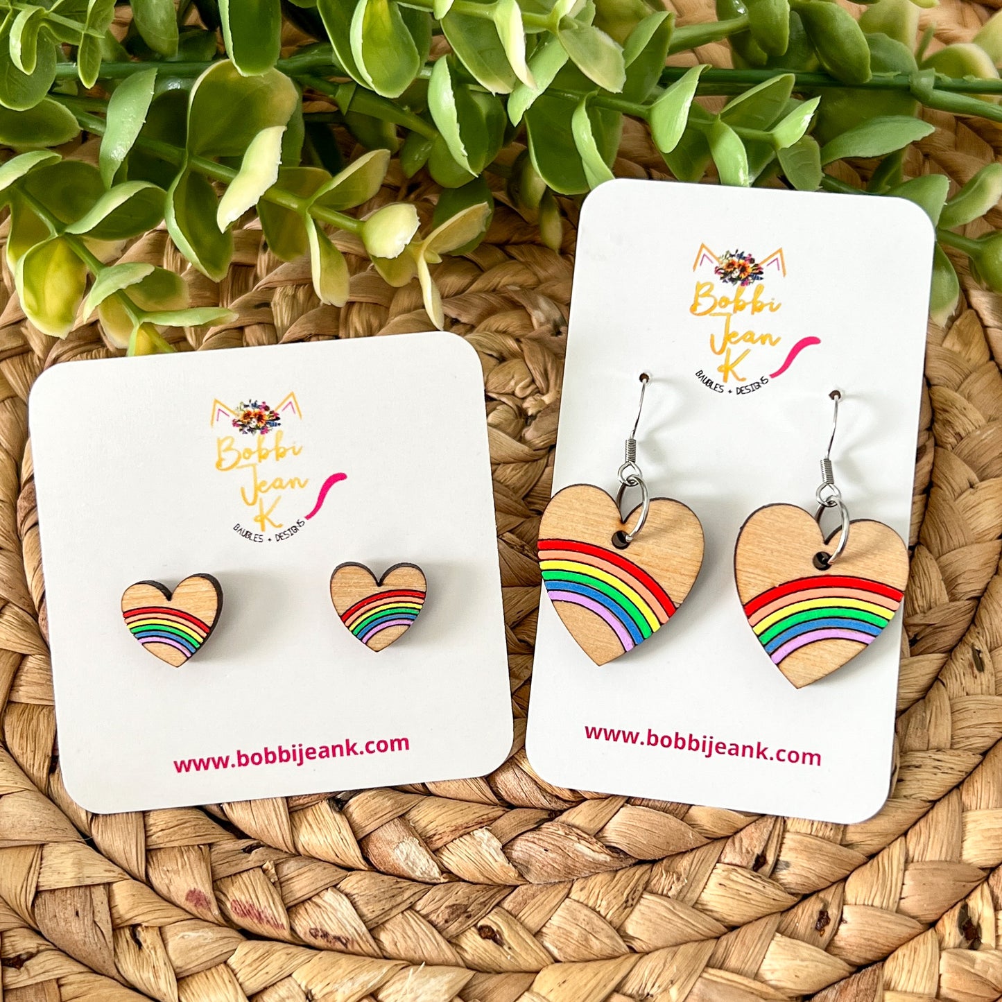 Hand Painted Rainbow Heart Wood Dangles or Studs - LAST CHANCE - DESIGN BEING DISCONTINUED