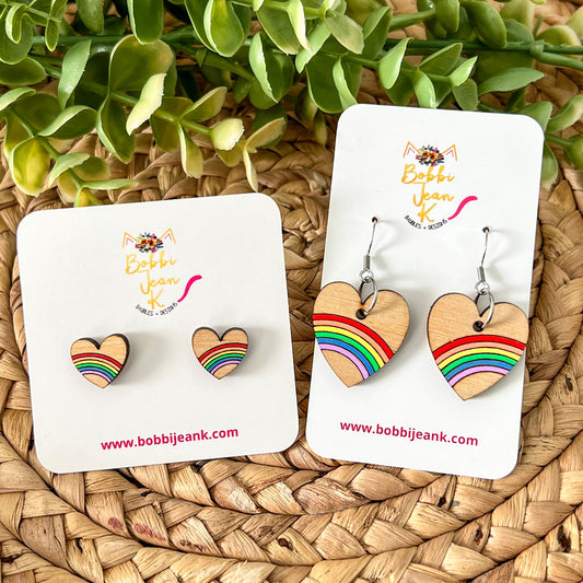 Hand Painted Rainbow Heart Wood Dangles or Studs