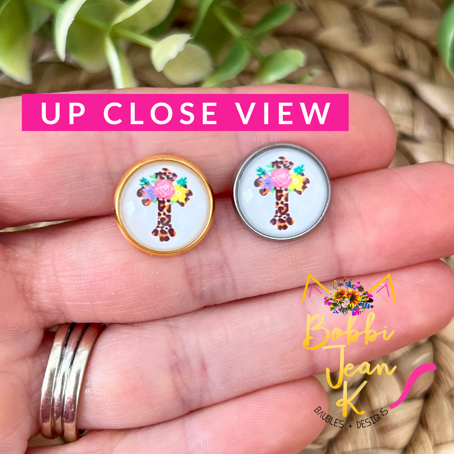 SALE: Floral Cross Glass Studs 12mm: Choose Silver or Gold Settings - LAST CHANCE