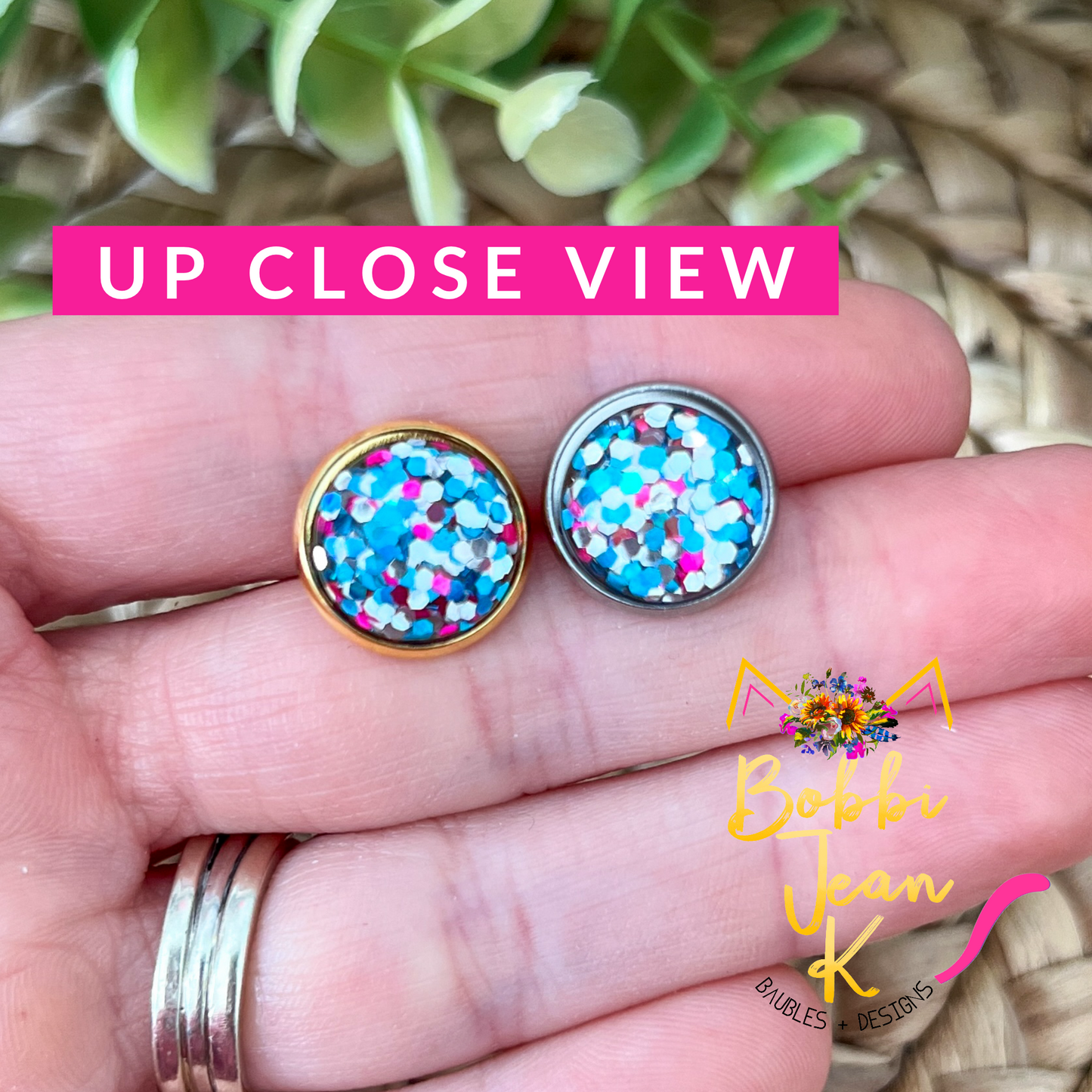 SALE: Pink/Blue/Silver Glitter Studs 12mm: Choose Silver or Gold Settings - ONLY 2 LEFT