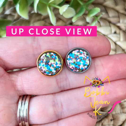 SALE: Pink/Blue/Yellow Gold Glitter Studs 12mm: Choose Silver or Gold Settings - ONLY 2 LEFT