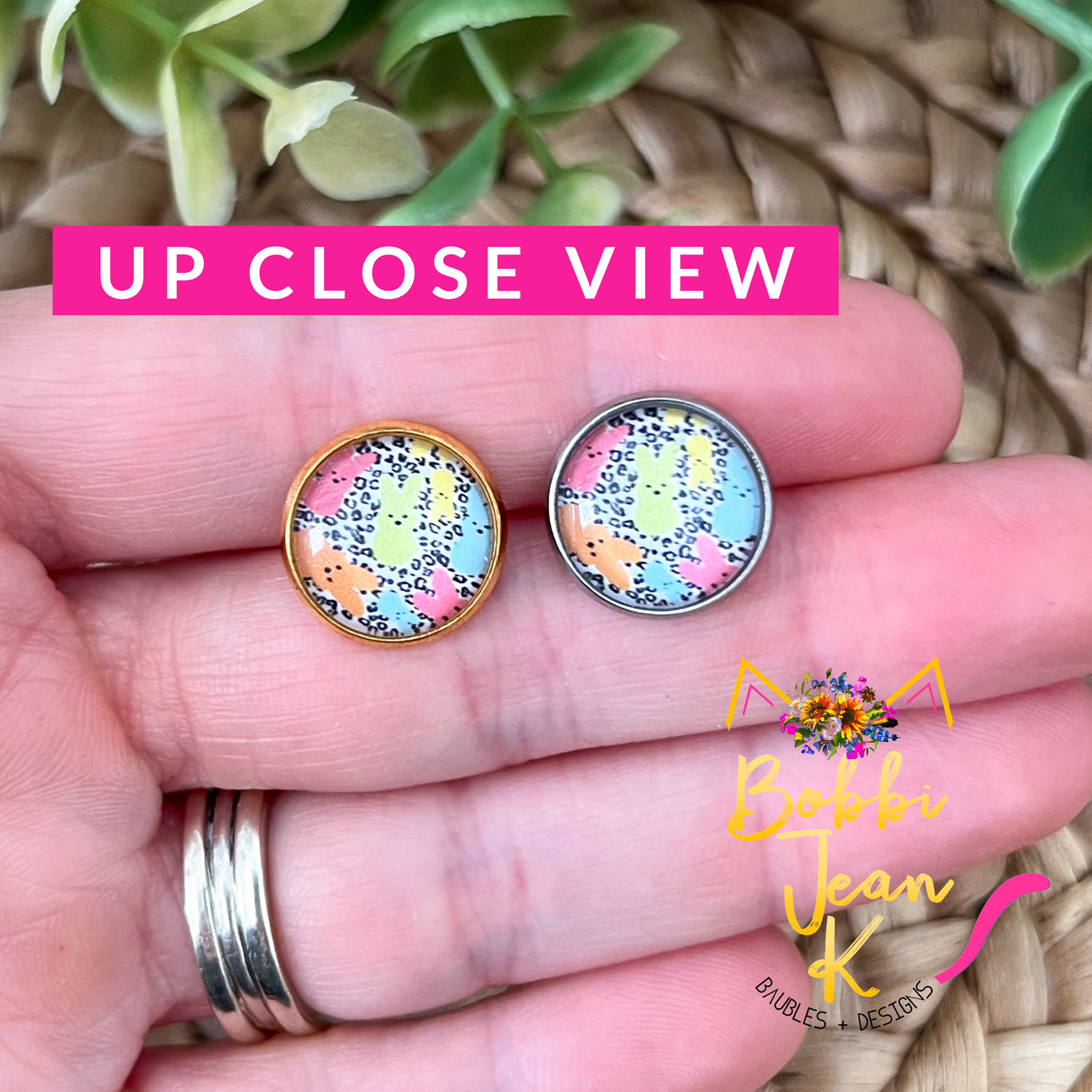 SALE: Colorful Bunnies Glass Studs 12mm: Choose Silver or Gold Settings - ONLY 2 LEFT