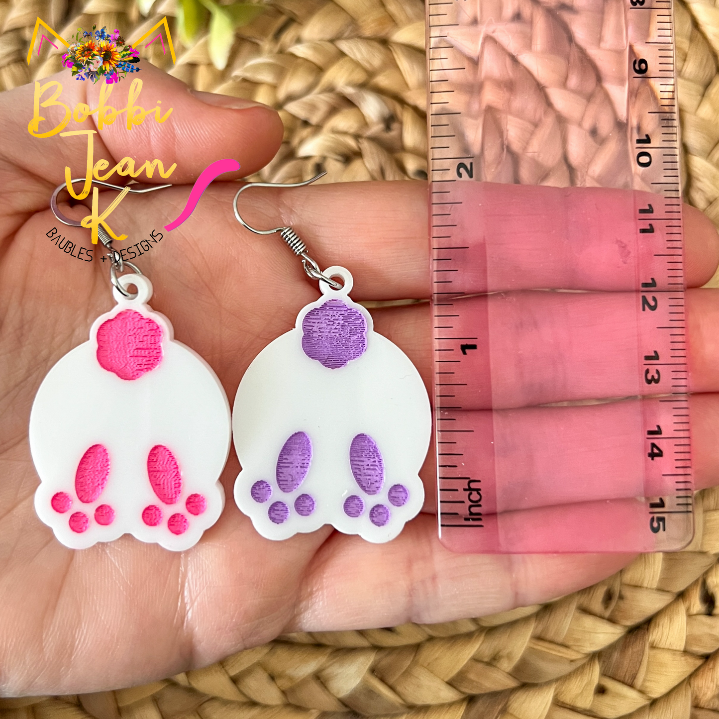 Bunny Butt Hand Painted White Acrylic Earrings: Choose From 2 Colors