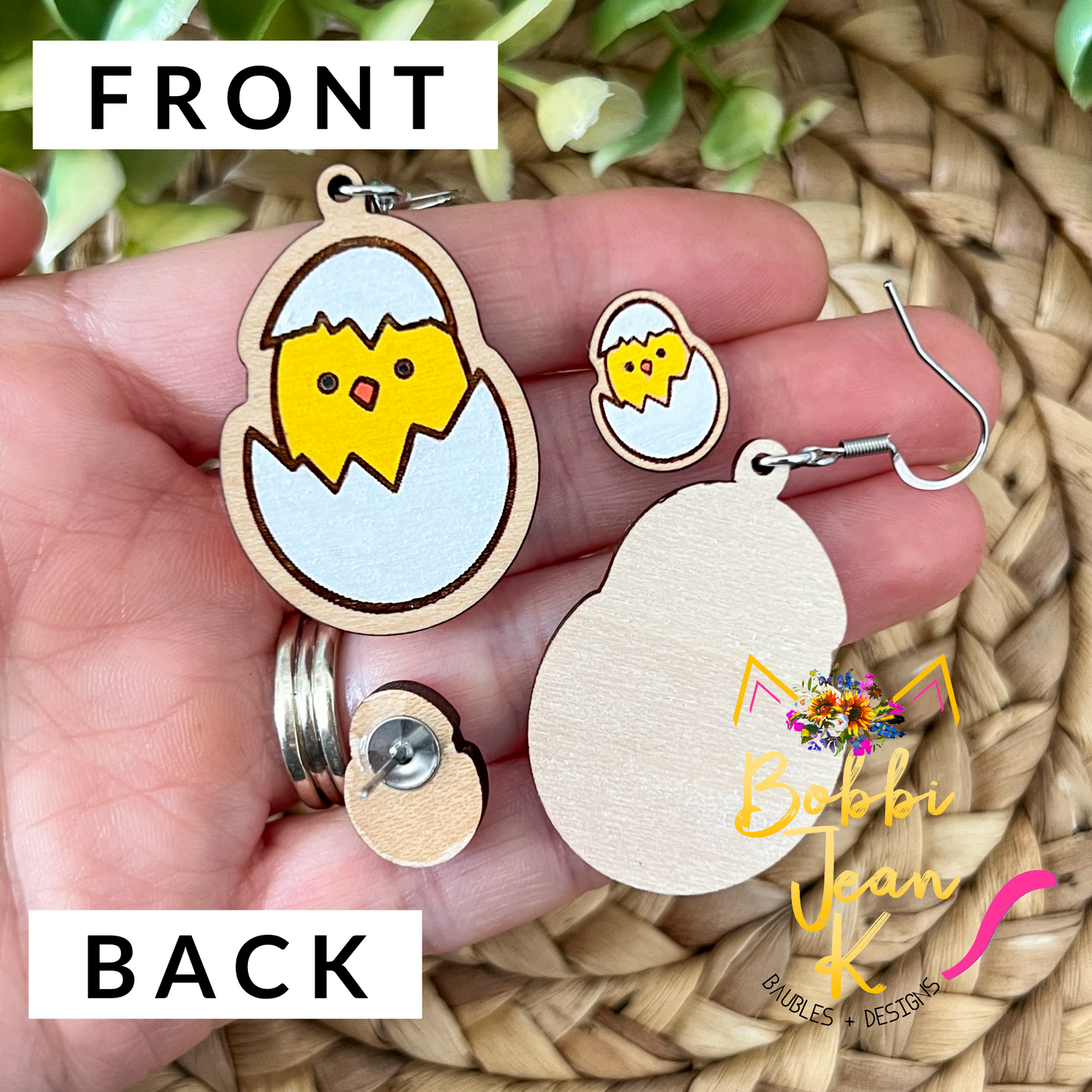 Chick in Egg Hand Painted Wood Earrings: Choose From Dangles or Studs