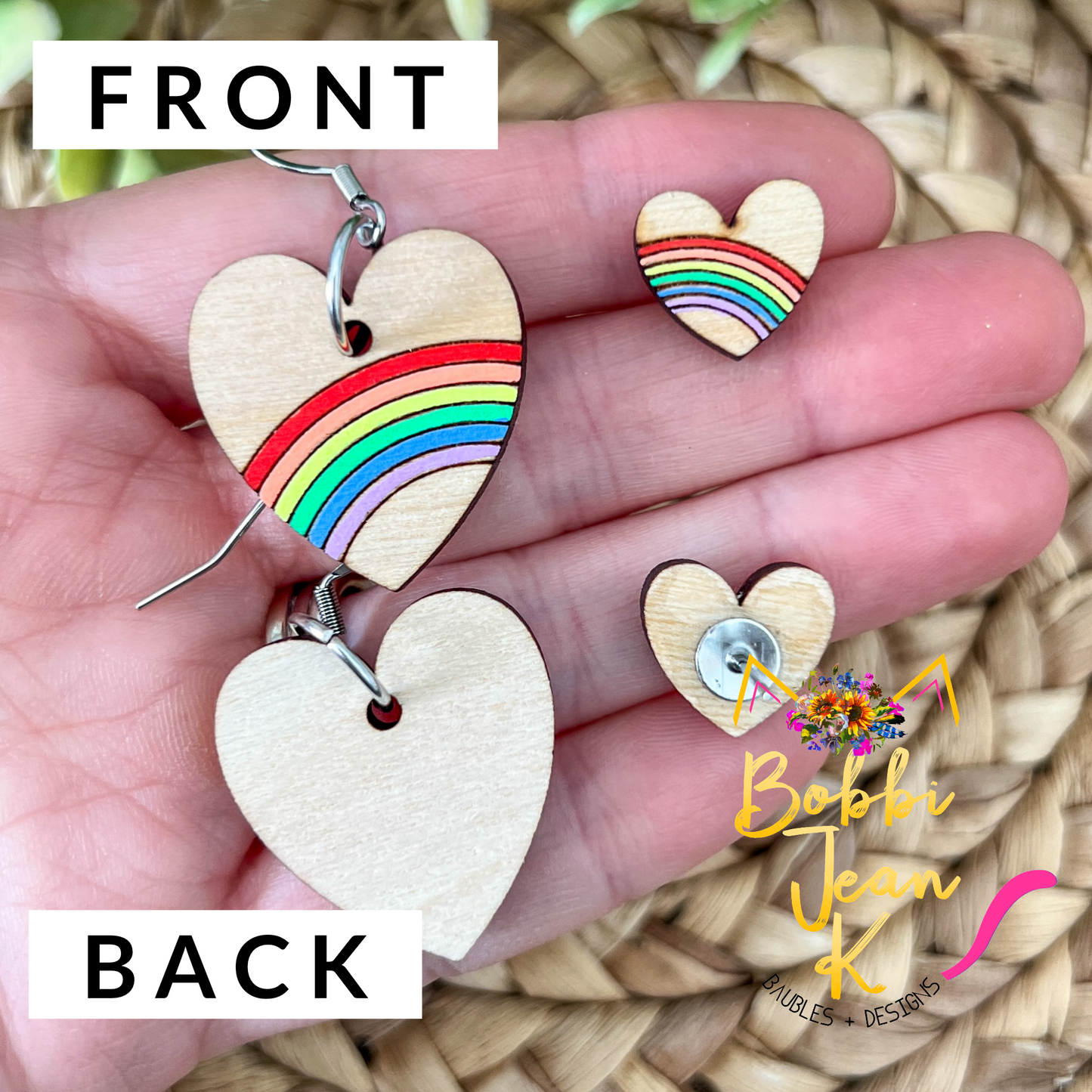 Hand Painted Rainbow Heart Wood Dangles or Studs - LAST CHANCE - DESIGN BEING DISCONTINUED