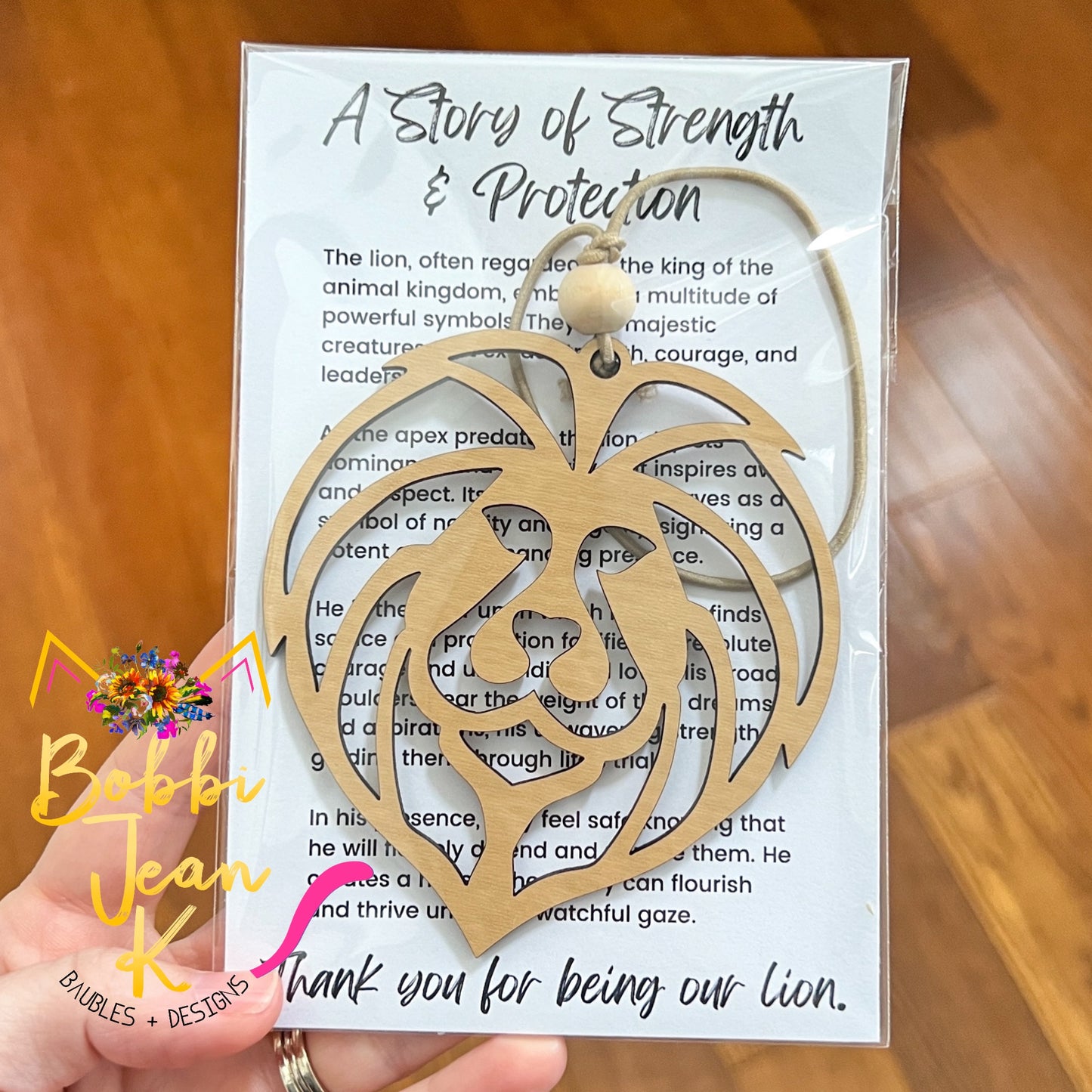 Lion "A Story of Strength & Protection" Wood Story Ornament & Car Charm