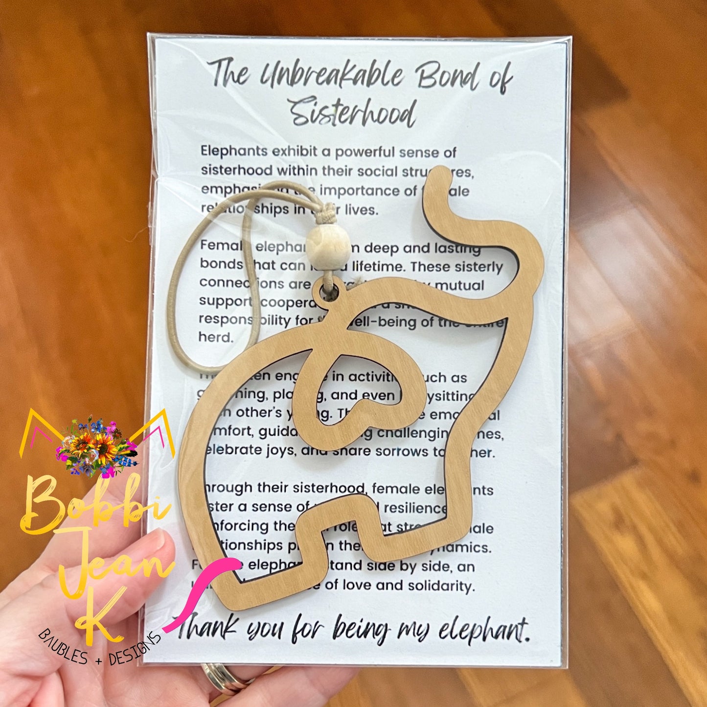 Elephant "The Unbreakable Bond of Sisterhood" Wood Story Ornament & Car Charm