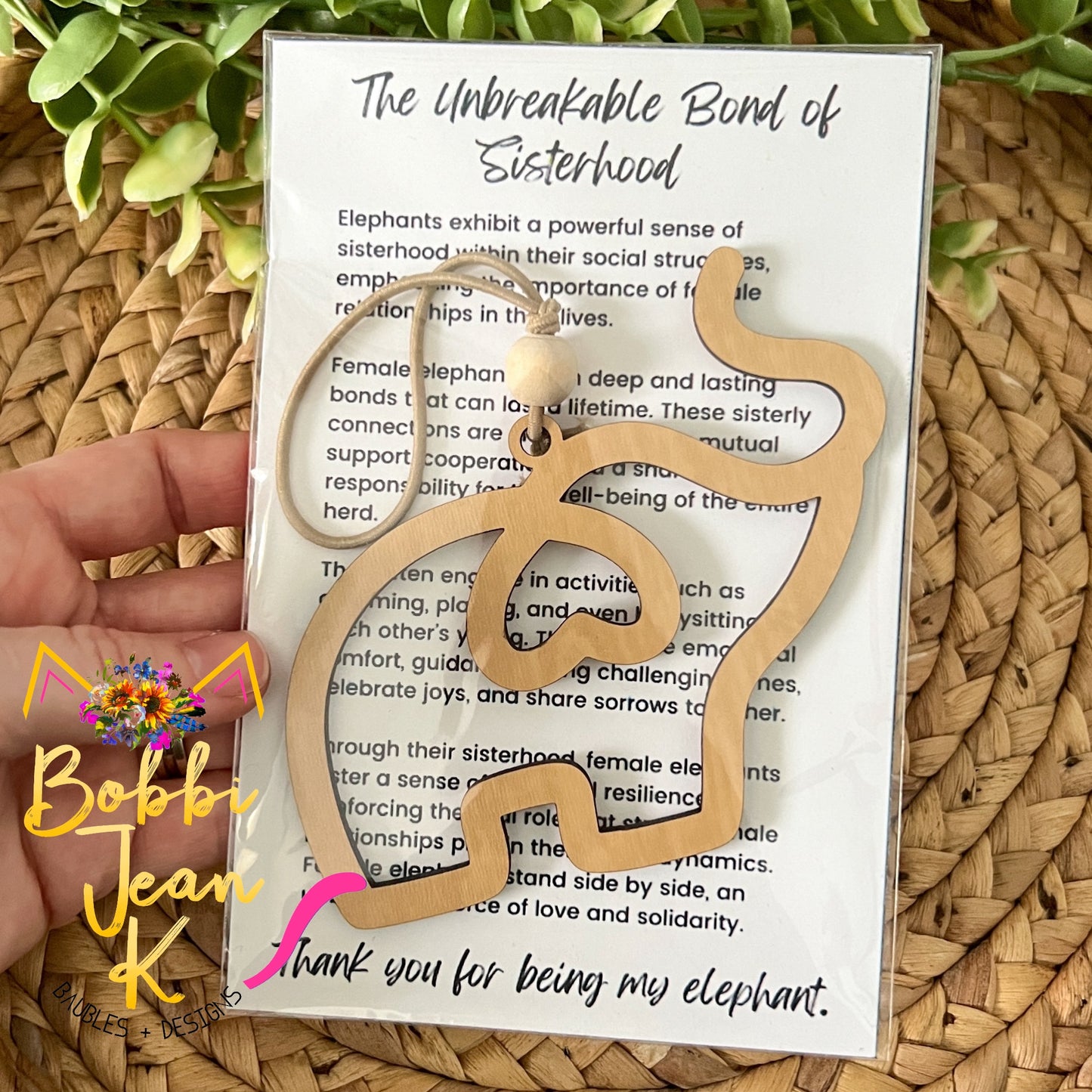 Elephant "The Unbreakable Bond of Sisterhood" Wood Story Ornament & Car Charm