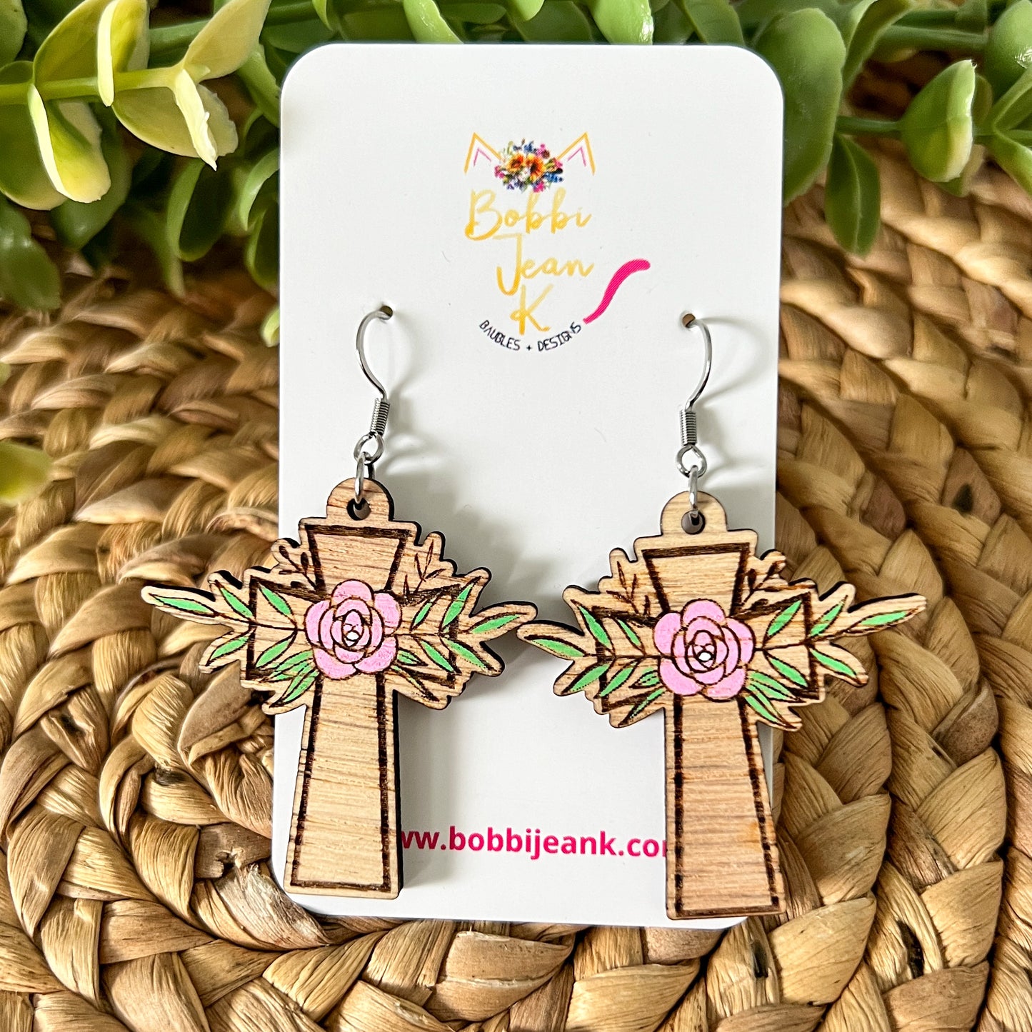 Hand Painted Floral Wood Cross Earrings