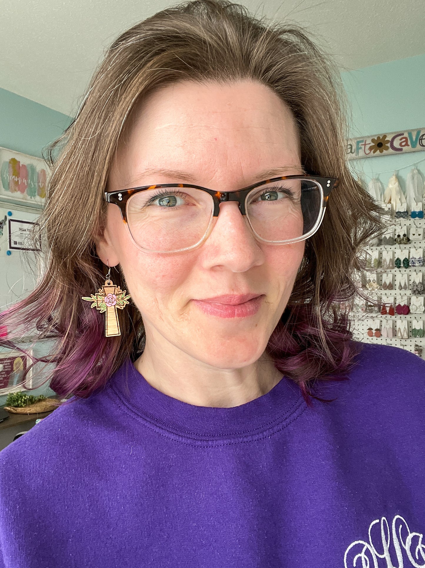 Hand Painted Floral Wood Cross Earrings