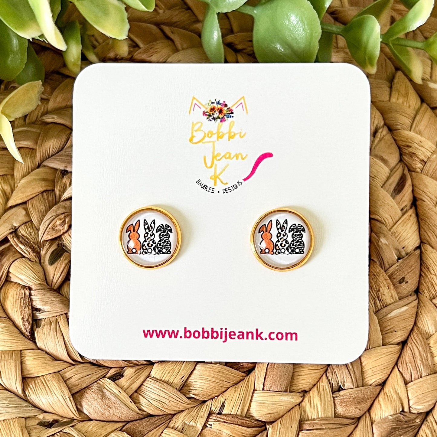 SALE: Bunny Butts Glass Studs 12mm: Choose Silver or Gold Settings - LAST CHANCE