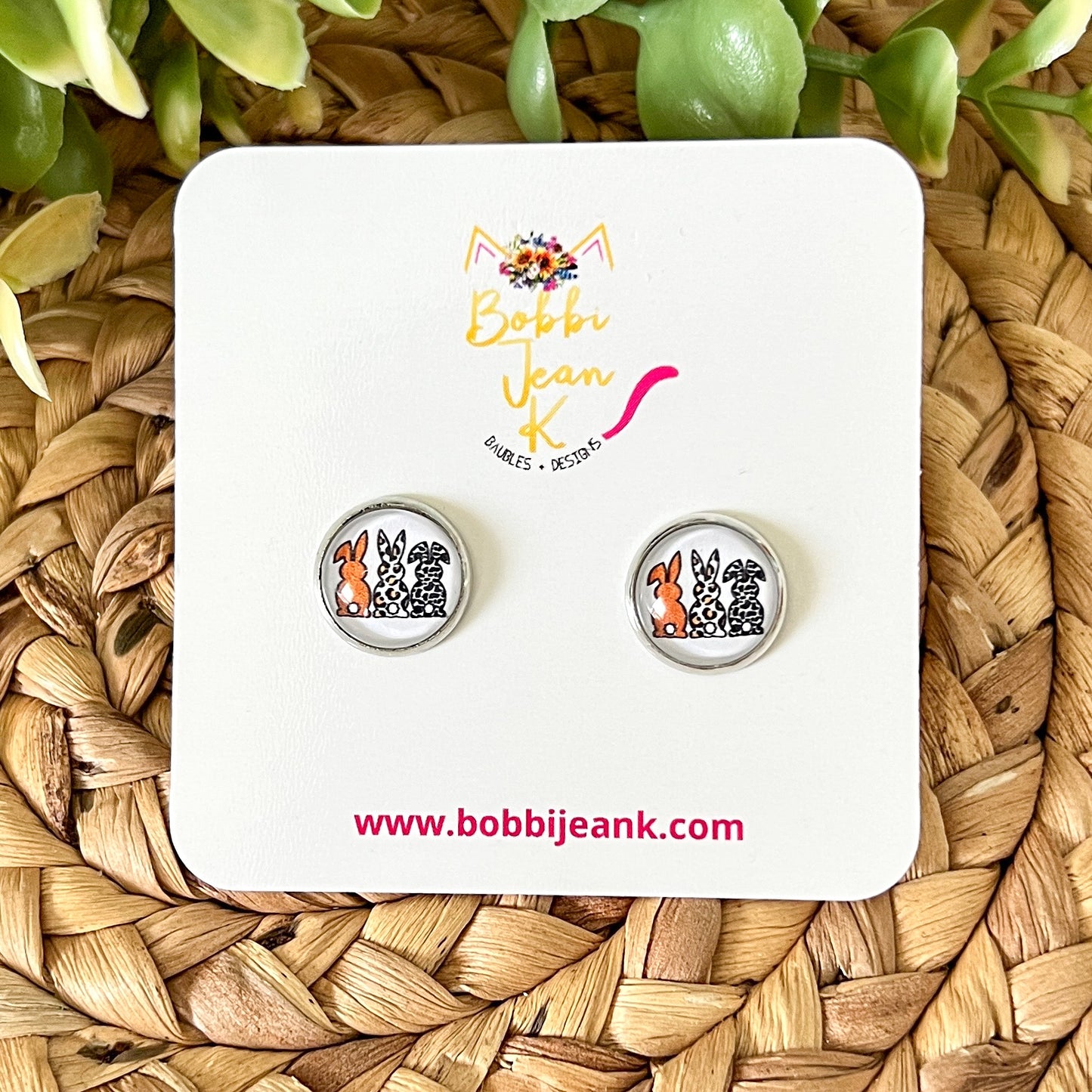 SALE: Bunny Butts Glass Studs 12mm: Choose Silver or Gold Settings - LAST CHANCE