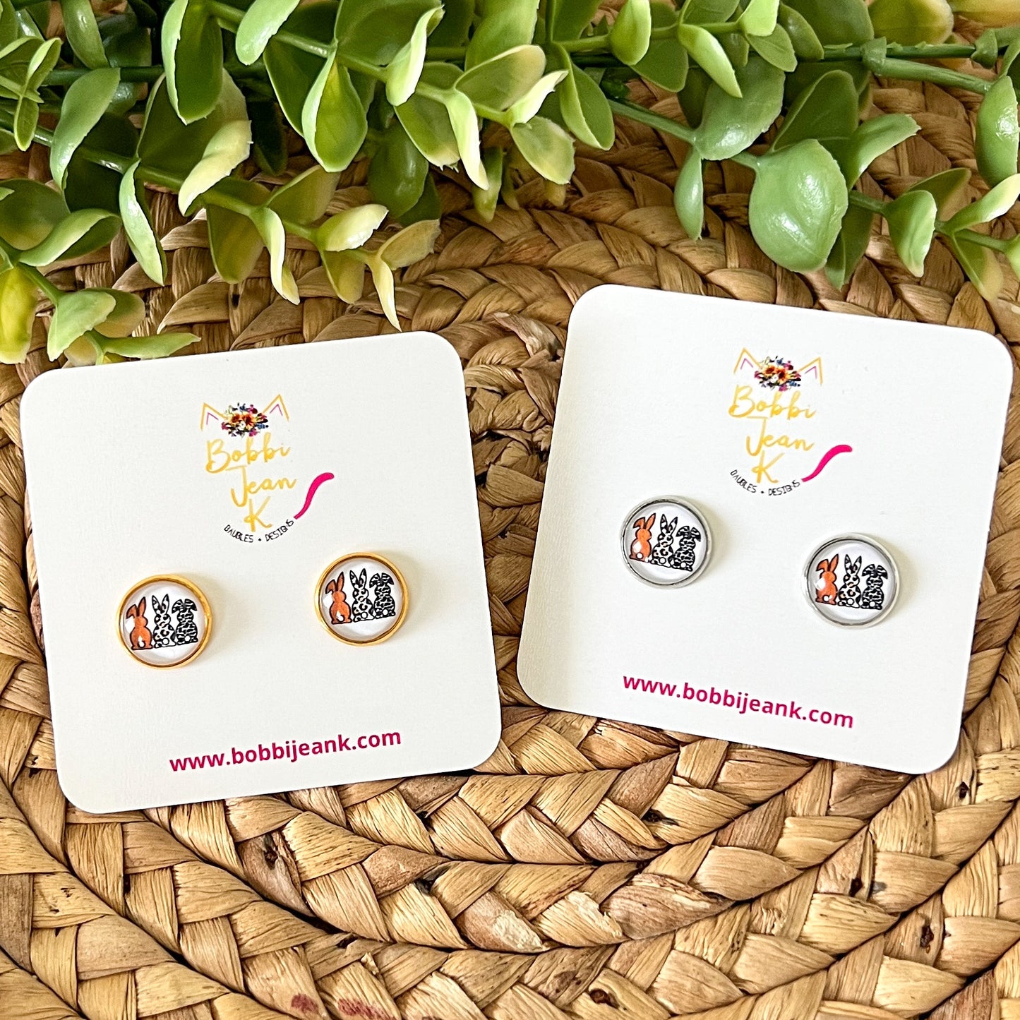 SALE: Bunny Butts Glass Studs 12mm: Choose Silver or Gold Settings - LAST CHANCE