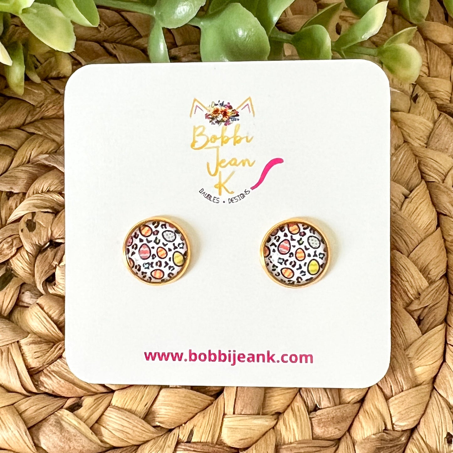 SALE: Colorful Eggs Glass Studs 12mm: Choose Silver or Gold Settings - LAST CHANCE