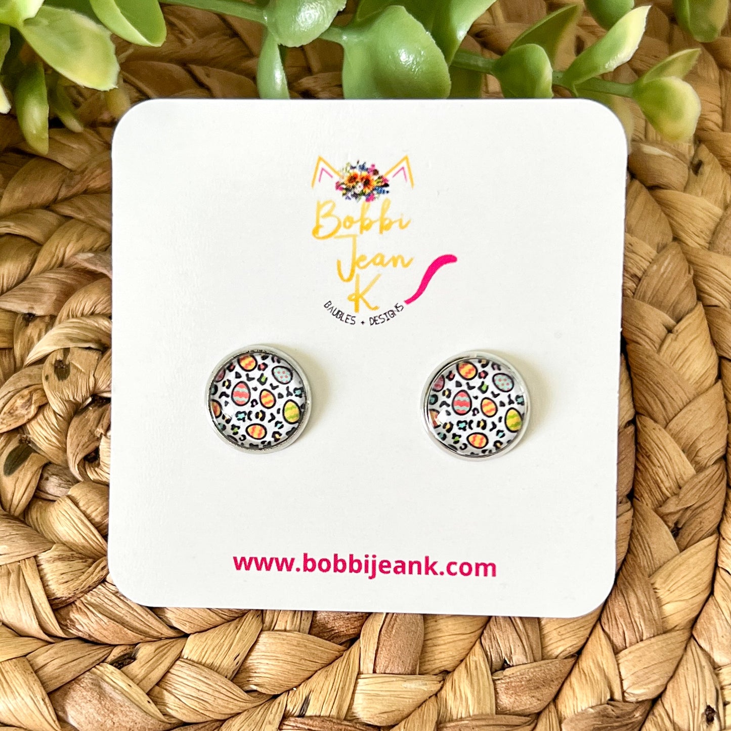 SALE: Colorful Eggs Glass Studs 12mm: Choose Silver or Gold Settings - LAST CHANCE