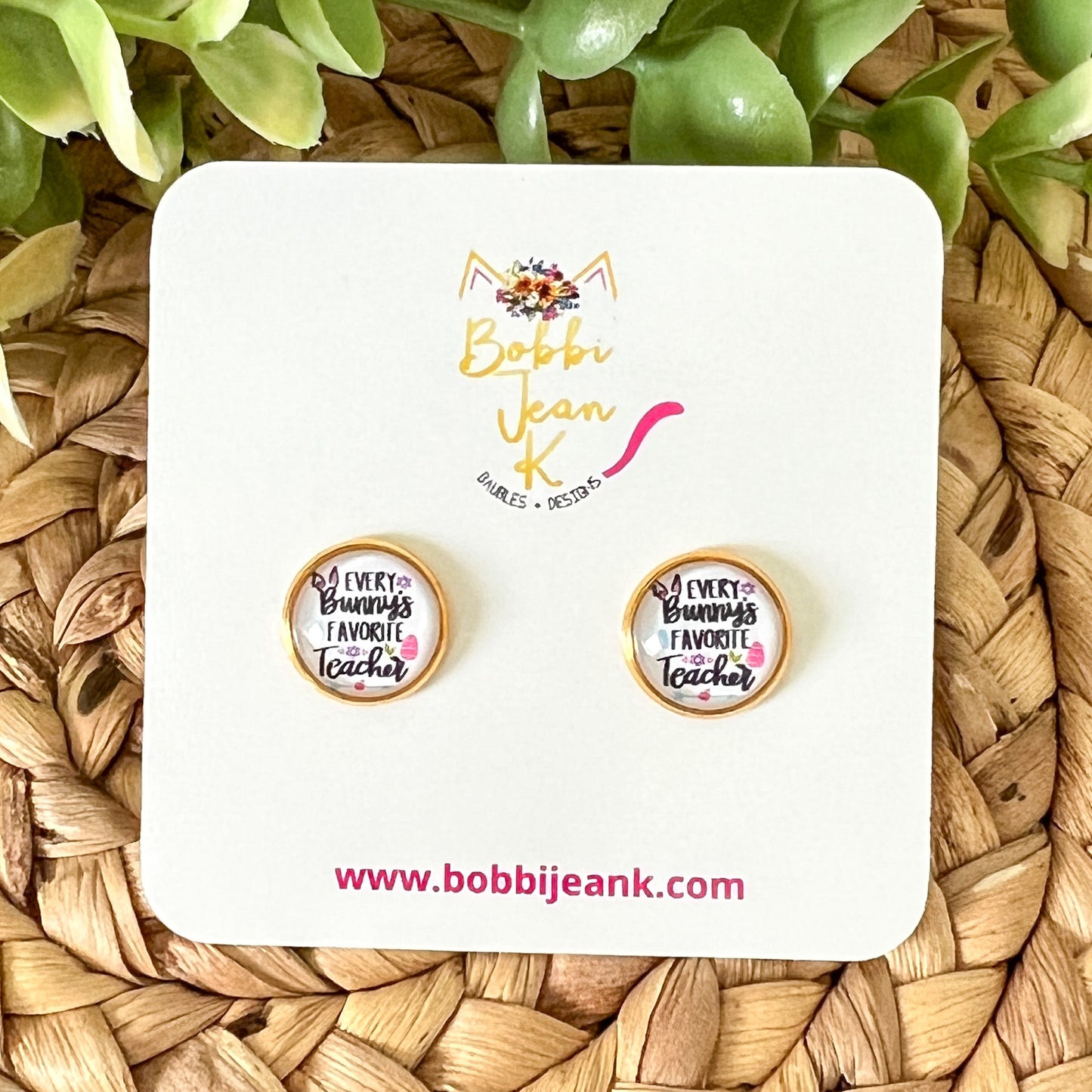 SALE: Every Bunny's Favorite Teacher Glass Studs 12mm: Choose Silver or Gold Settings - ONLY ONE LEFT