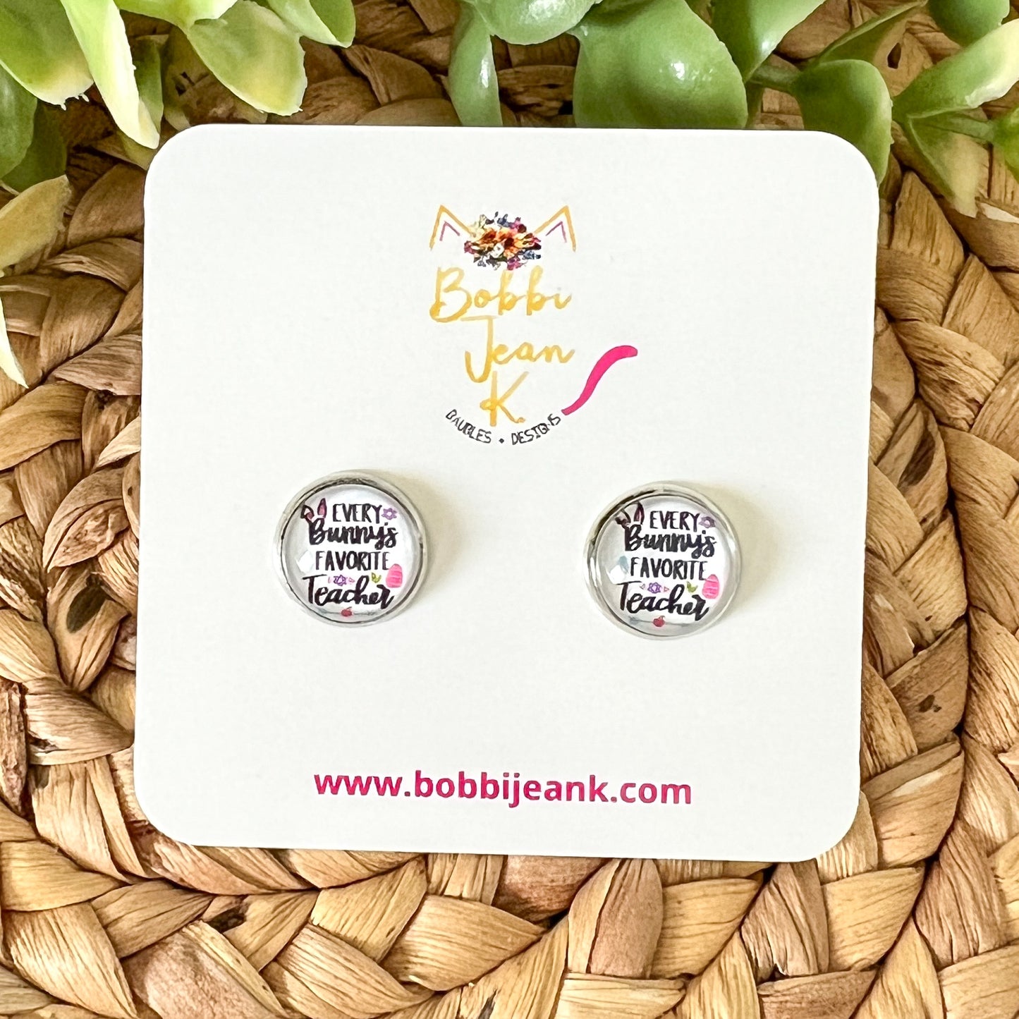 SALE: Every Bunny's Favorite Teacher Glass Studs 12mm: Choose Silver or Gold Settings - ONLY ONE LEFT
