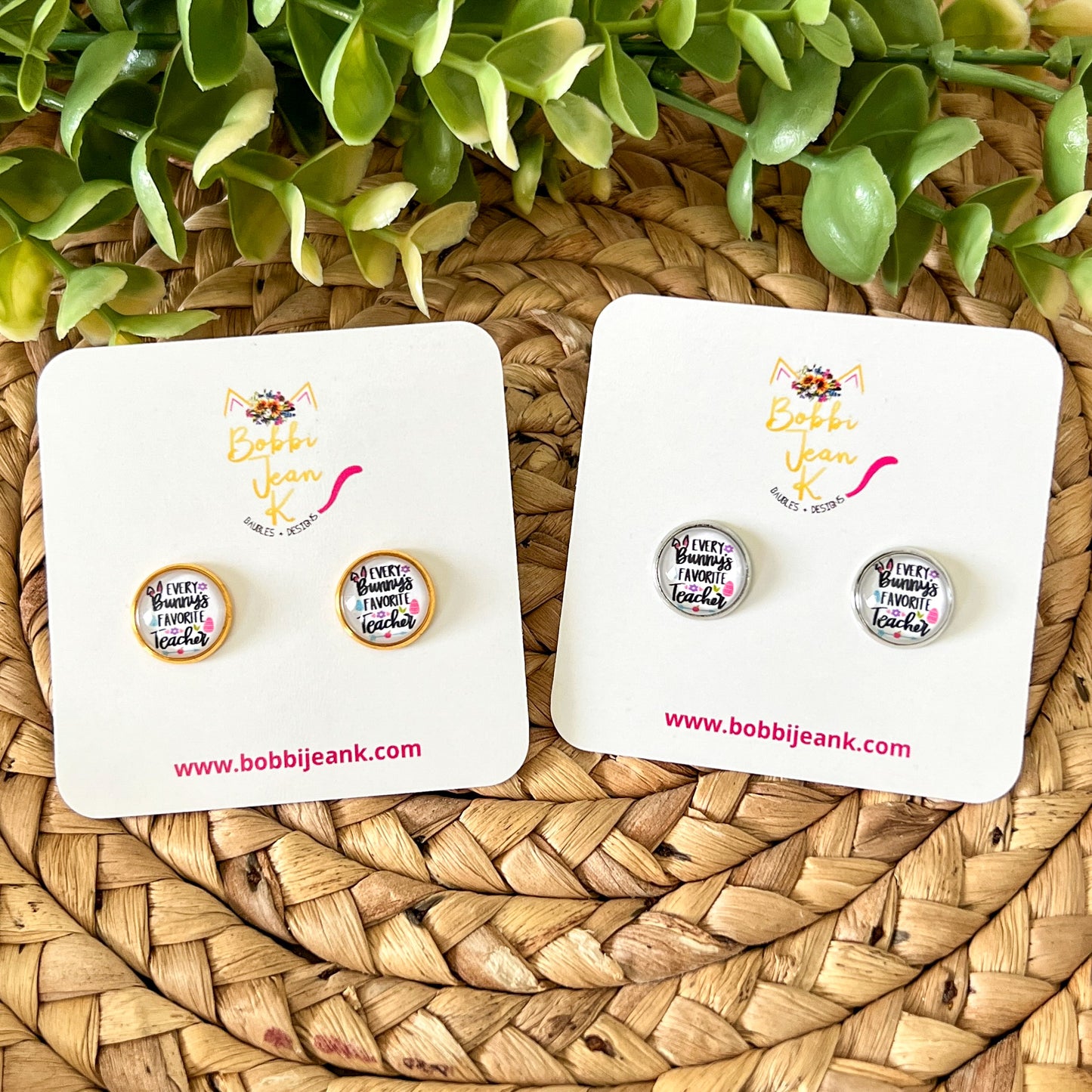 SALE: Every Bunny's Favorite Teacher Glass Studs 12mm: Choose Silver or Gold Settings - ONLY ONE LEFT