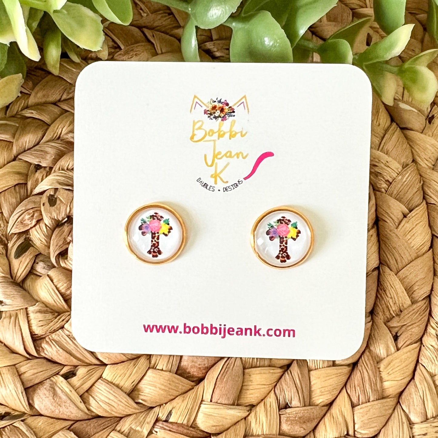 SALE: Floral Cross Glass Studs 12mm: Choose Silver or Gold Settings - LAST CHANCE