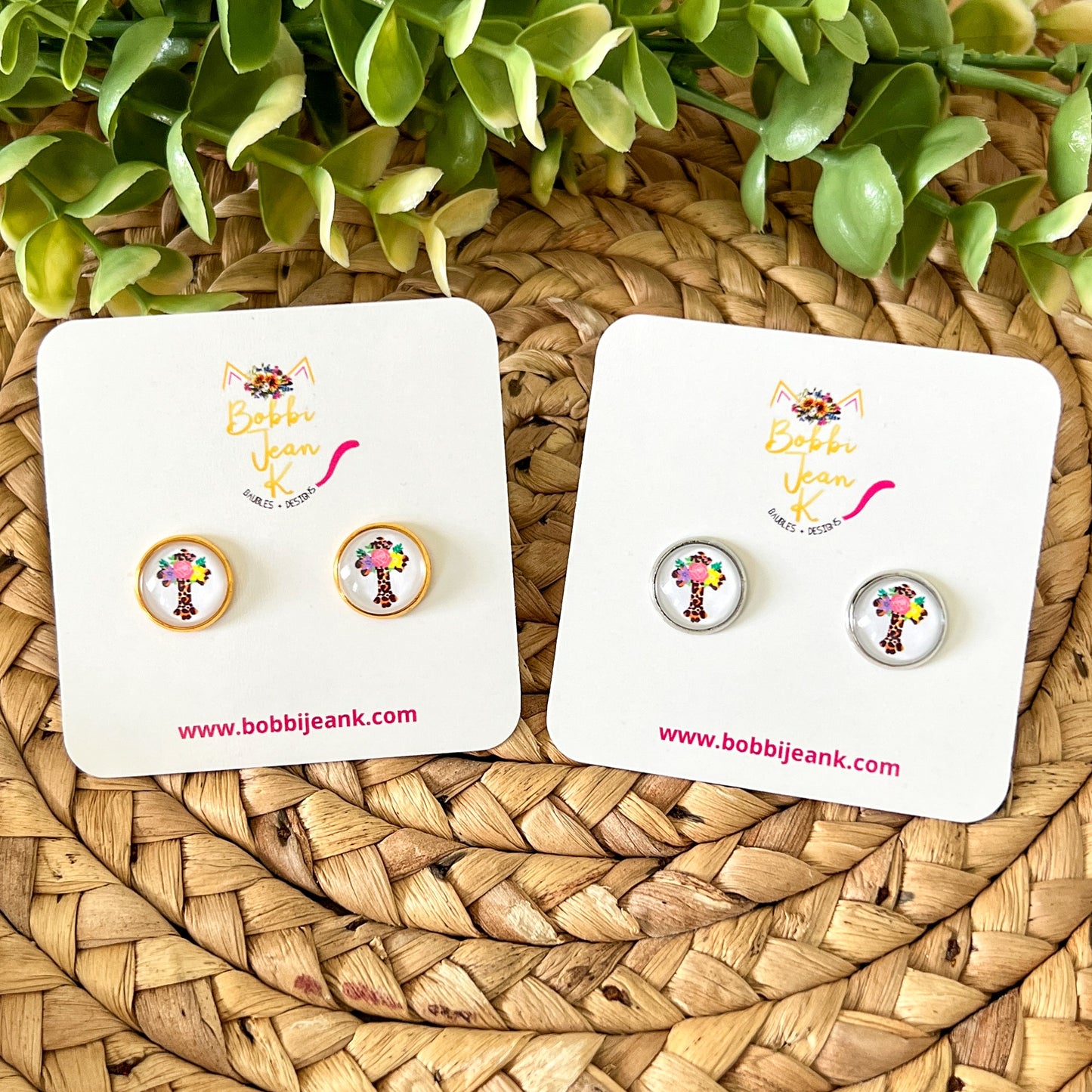 SALE: Floral Cross Glass Studs 12mm: Choose Silver or Gold Settings - LAST CHANCE
