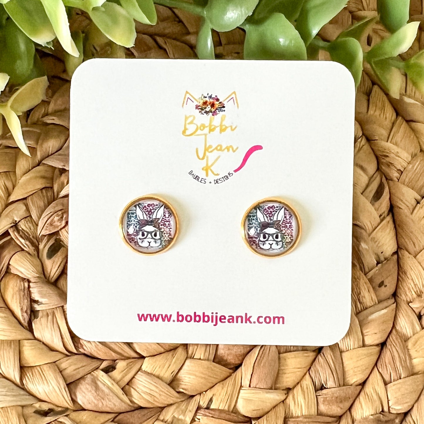 SALE: Bunny with Glasses Glass Studs 12mm: Choose Silver or Gold Settings - ONLY ONE LEFT