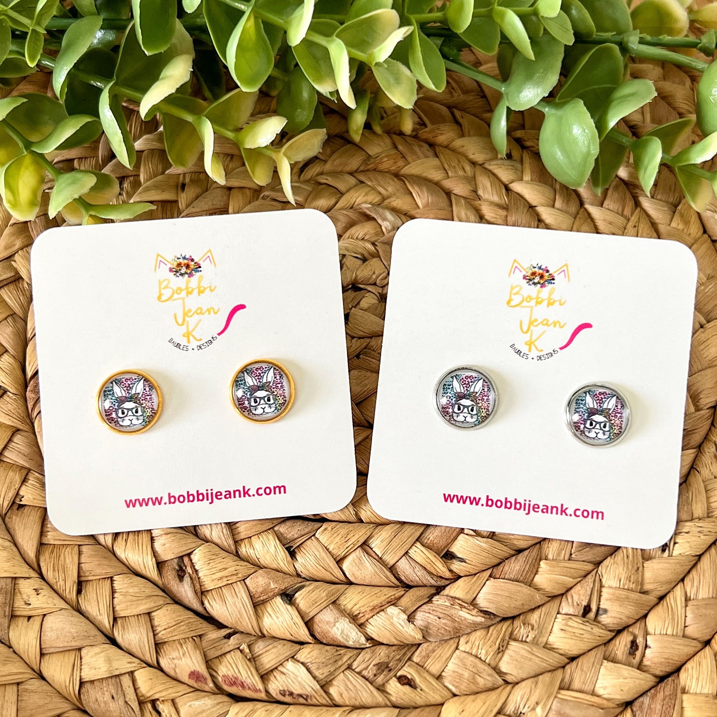 SALE: Bunny with Glasses Glass Studs 12mm: Choose Silver or Gold Settings - ONLY ONE LEFT