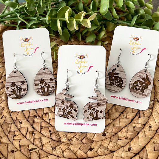 Striped Floral Bunny & Egg Wood Earrings: Choose From 3 Styles