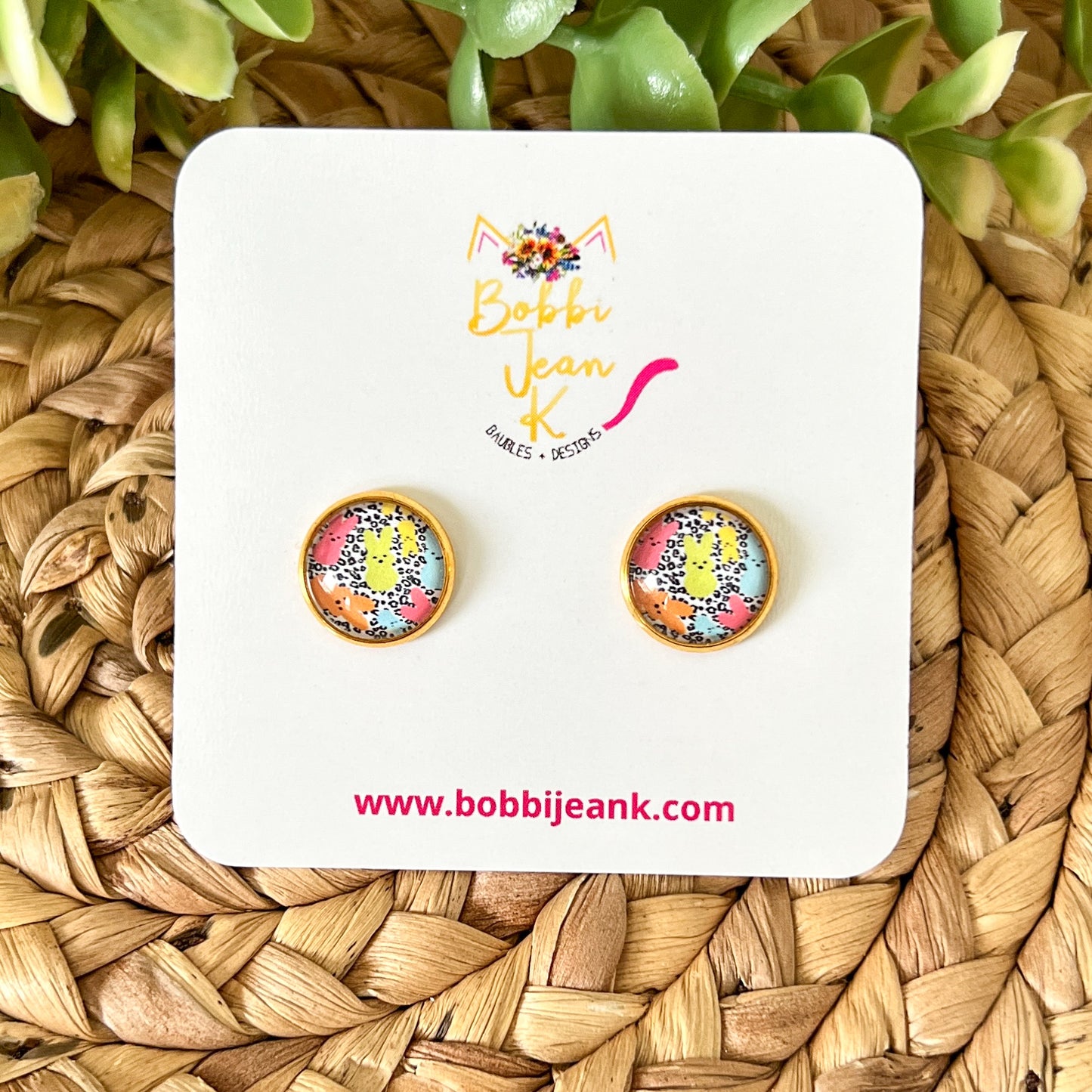 SALE: Colorful Bunnies Glass Studs 12mm: Choose Silver or Gold Settings - ONLY 2 LEFT