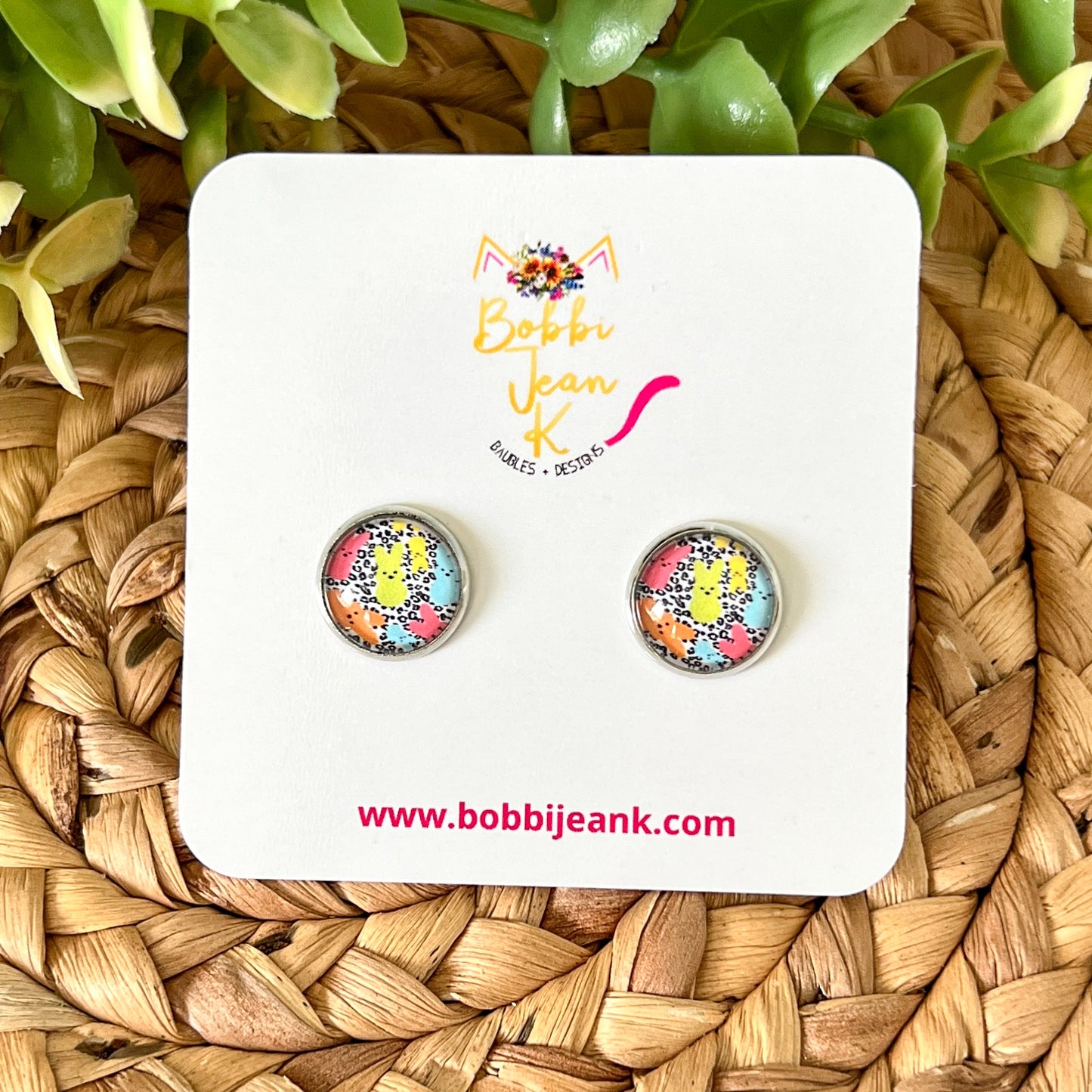 SALE: Colorful Bunnies Glass Studs 12mm: Choose Silver or Gold Settings - ONLY 2 LEFT