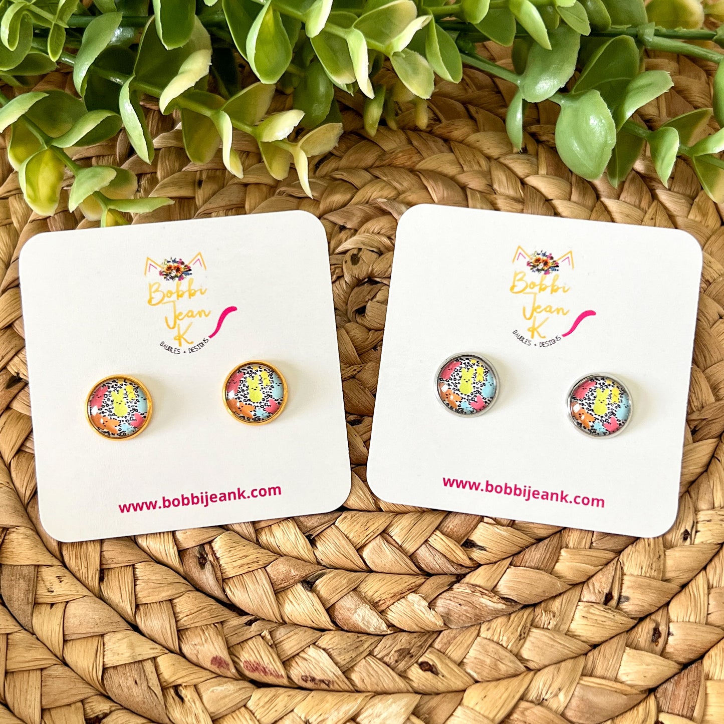 SALE: Colorful Bunnies Glass Studs 12mm: Choose Silver or Gold Settings - ONLY 2 LEFT