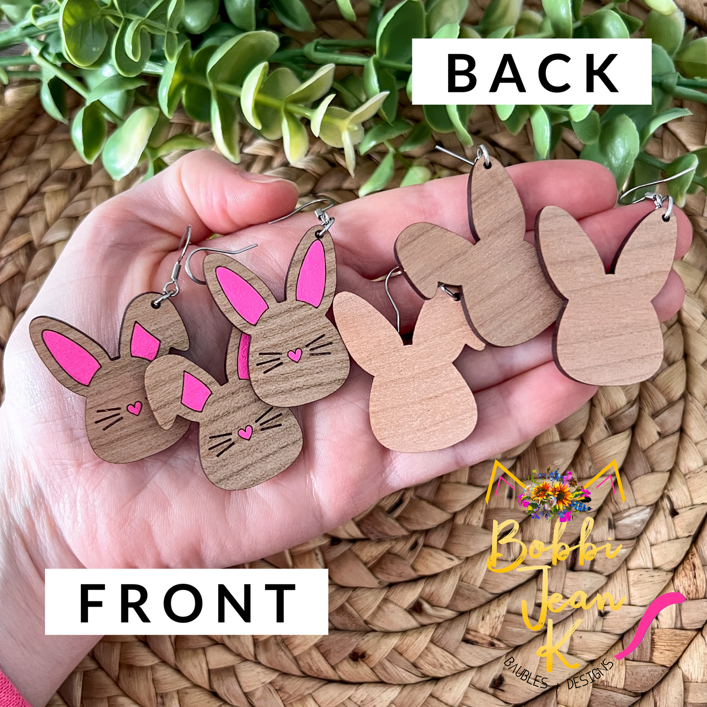 Hand Painted Bunny Wood Earrings: Choose From 3 Styles