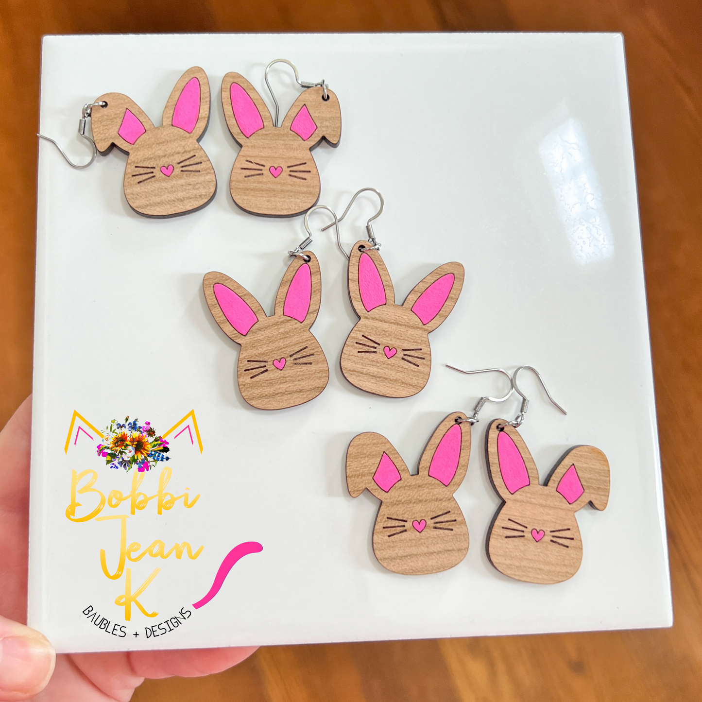 Hand Painted Bunny Wood Earrings: Choose From 3 Styles