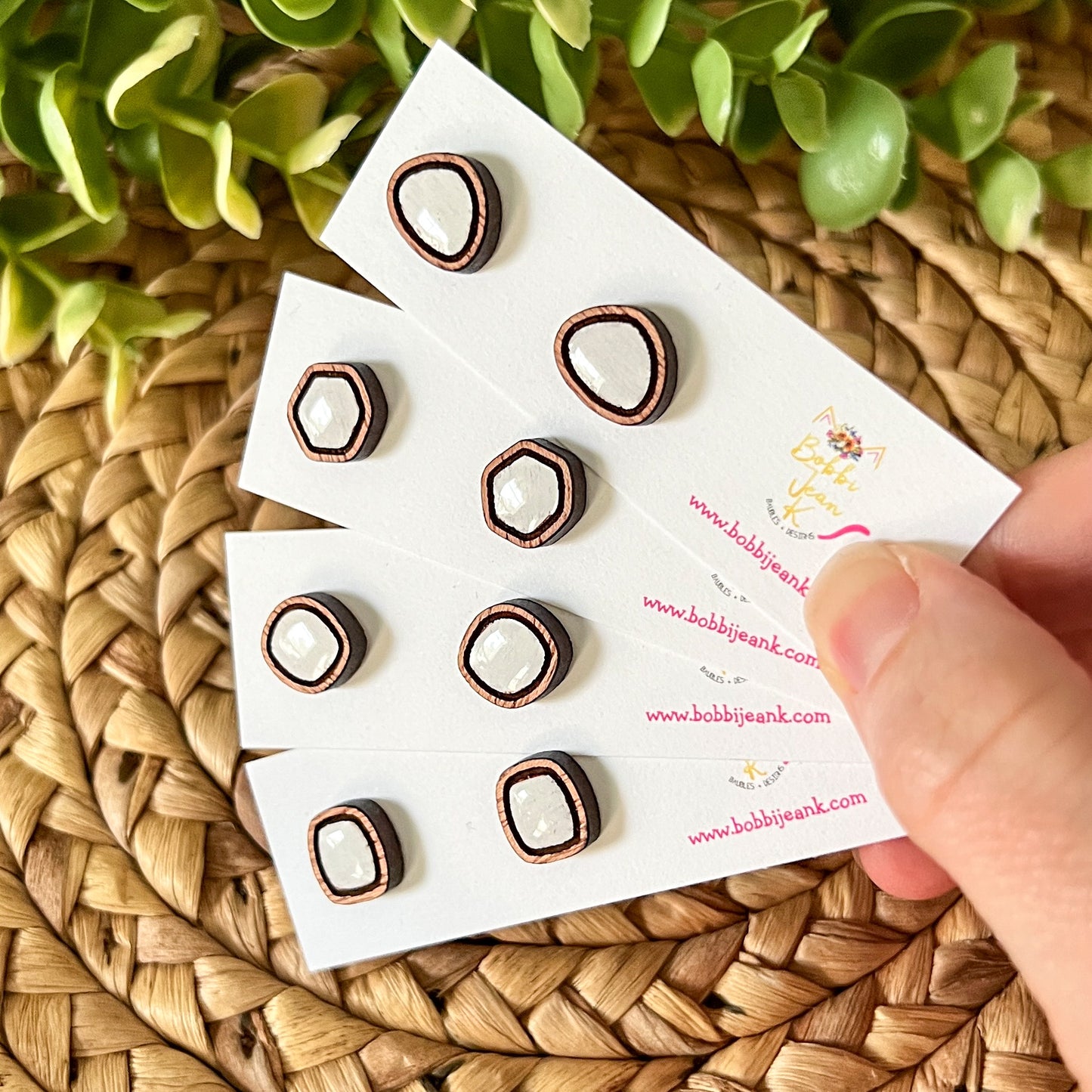 White Hand Painted & Resined Wood Studs: Choose from 4 Styles