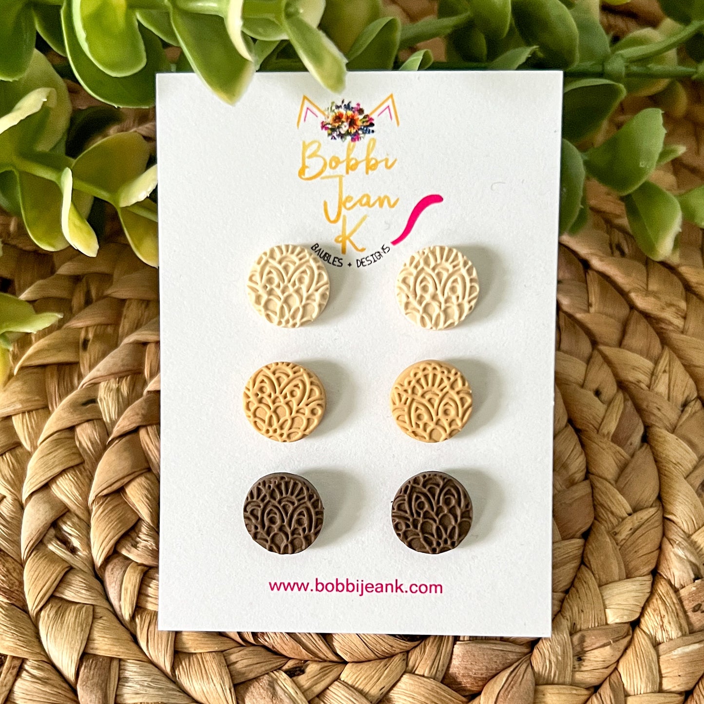 Lace Imprinted Clay "Coin" Studs: Choose From 3 Colors