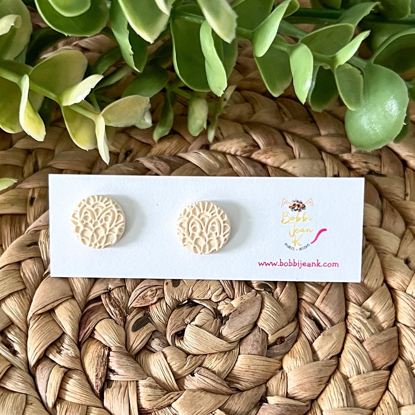 Lace Imprinted Clay "Coin" Studs: Choose From 3 Colors
