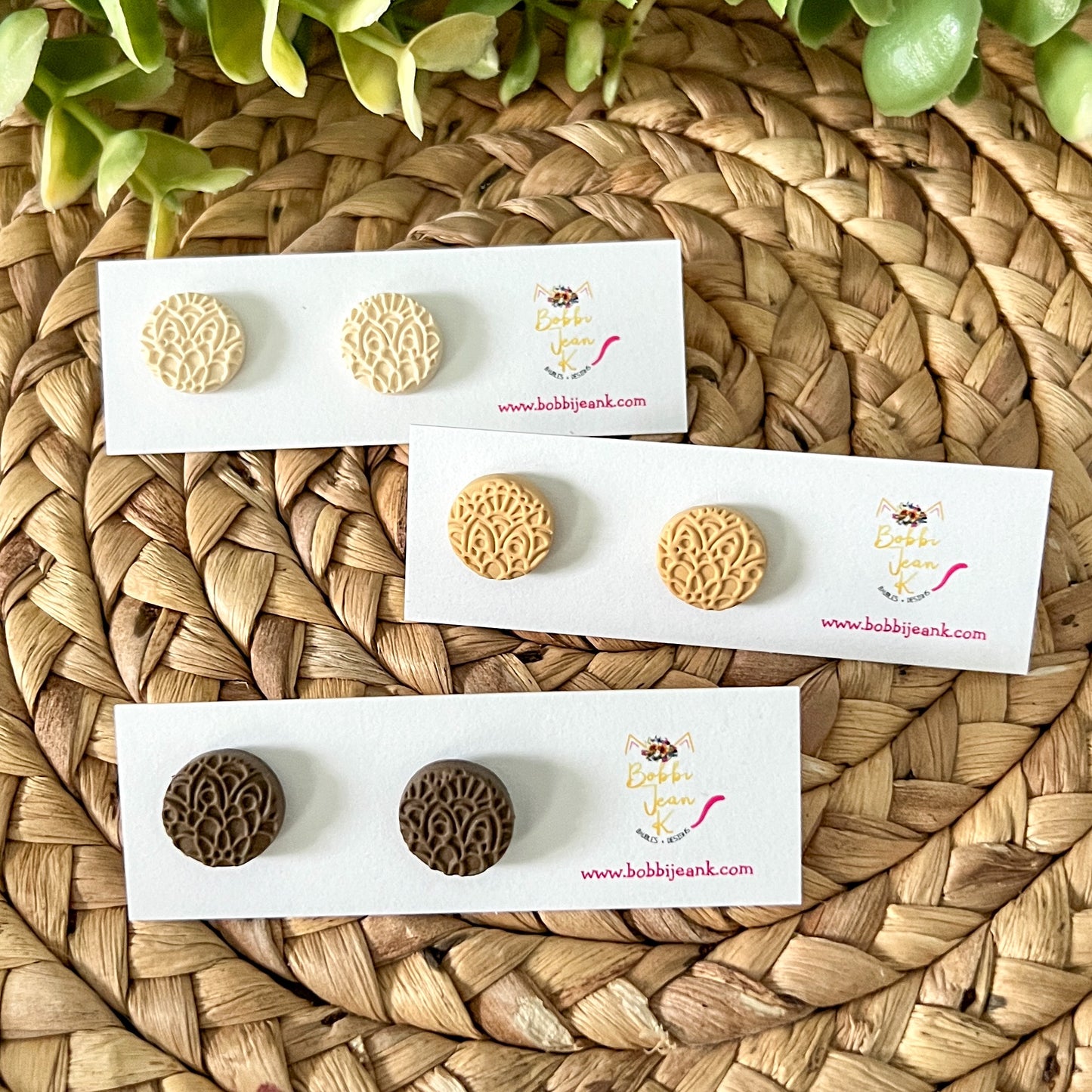Lace Imprinted Clay "Coin" Studs: Choose From 3 Colors