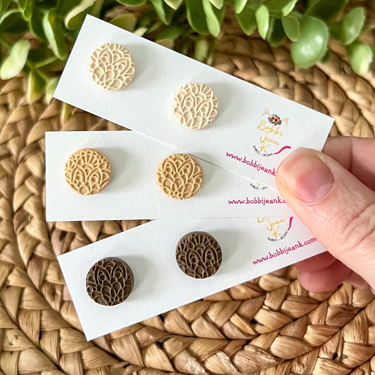 Lace Imprinted Clay "Coin" Studs: Choose From 3 Colors