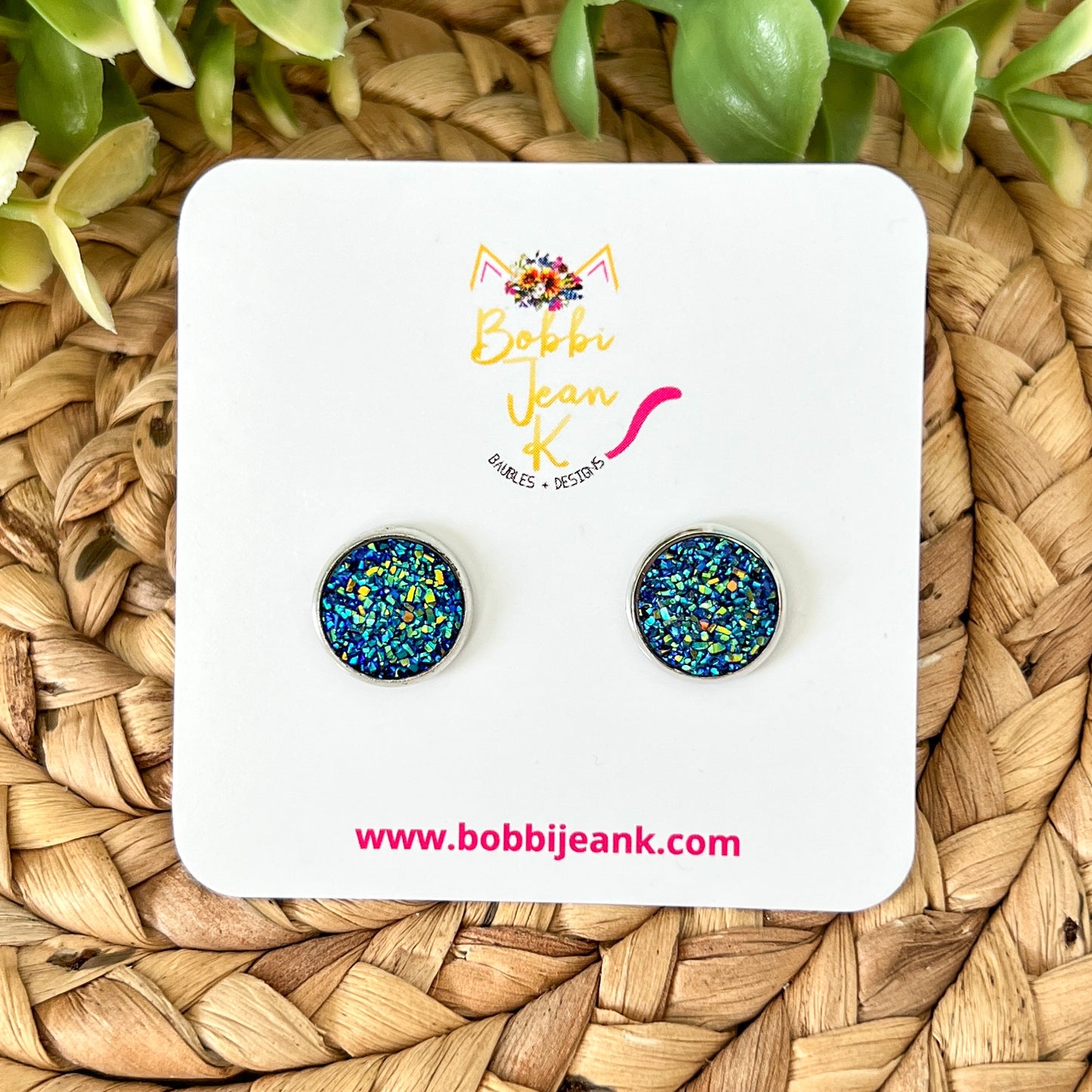 SALE: Blue Green Faux Druzy Studs 12mm: Choose Silver or Gold Settings