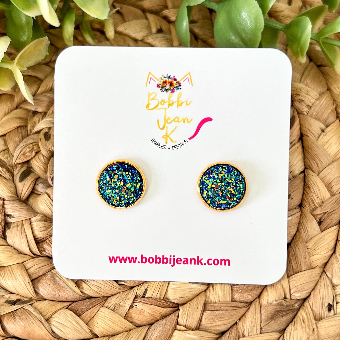 SALE: Blue Green Faux Druzy Studs 12mm: Choose Silver or Gold Settings