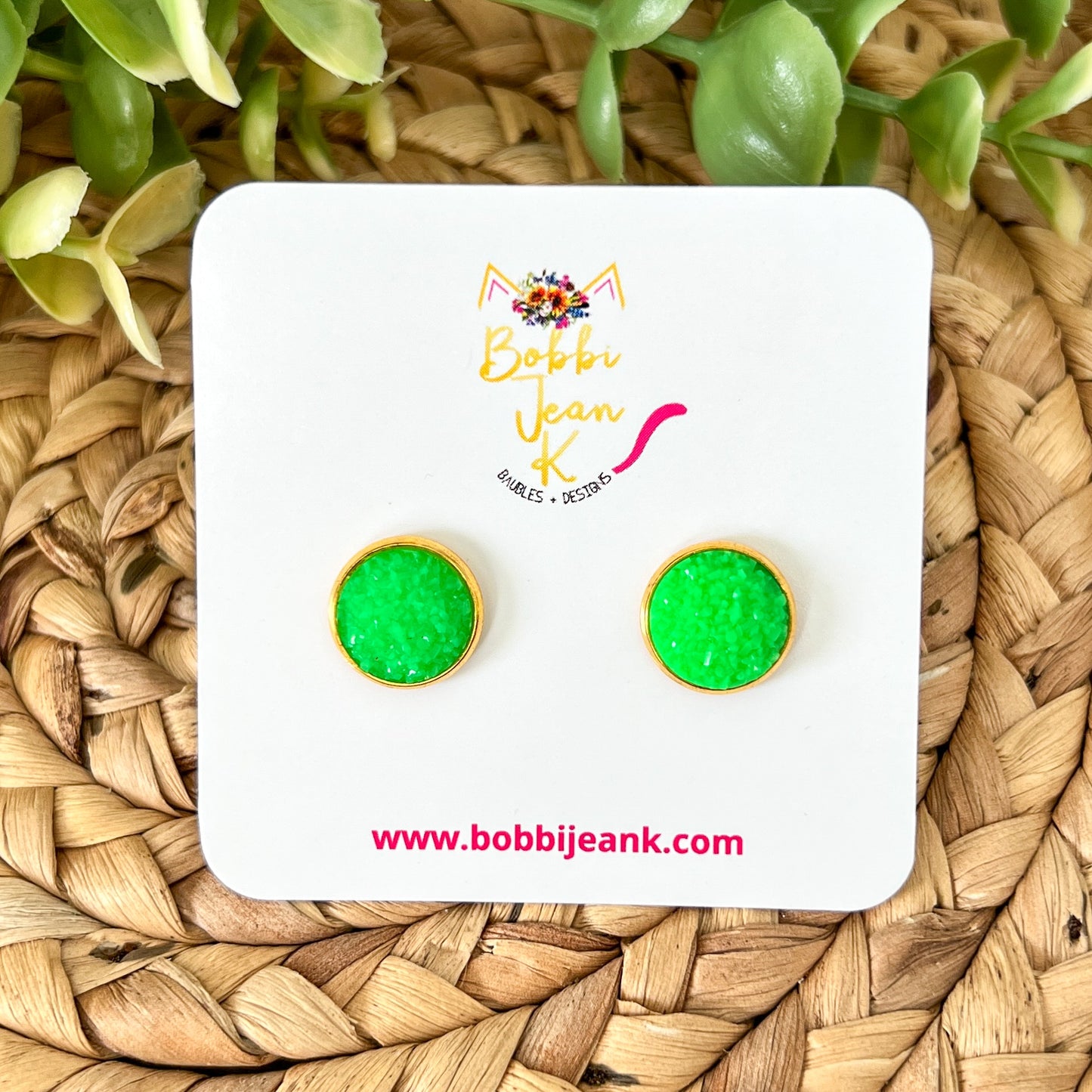SALE: Lime Green Frosted Faux Druzy Studs 12mm: Choose Silver or Gold Settings
