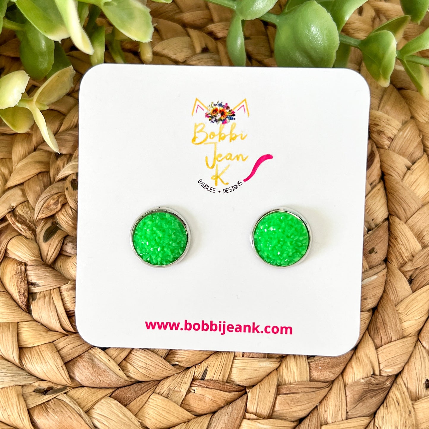 SALE: Lime Green Frosted Faux Druzy Studs 12mm: Choose Silver or Gold Settings