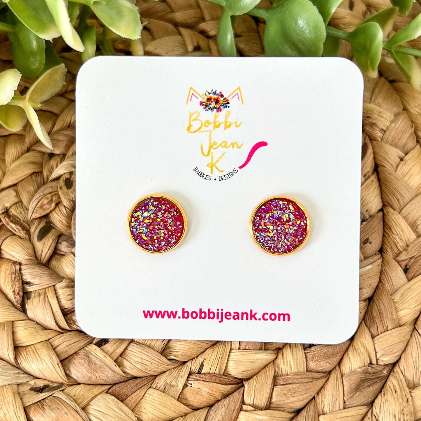 SALE: Magenta Faux Druzy Studs 12mm: Choose Silver or Gold Settings