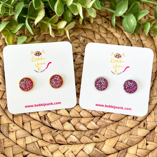 SALE: Magenta Faux Druzy Studs 12mm: Choose Silver or Gold Settings