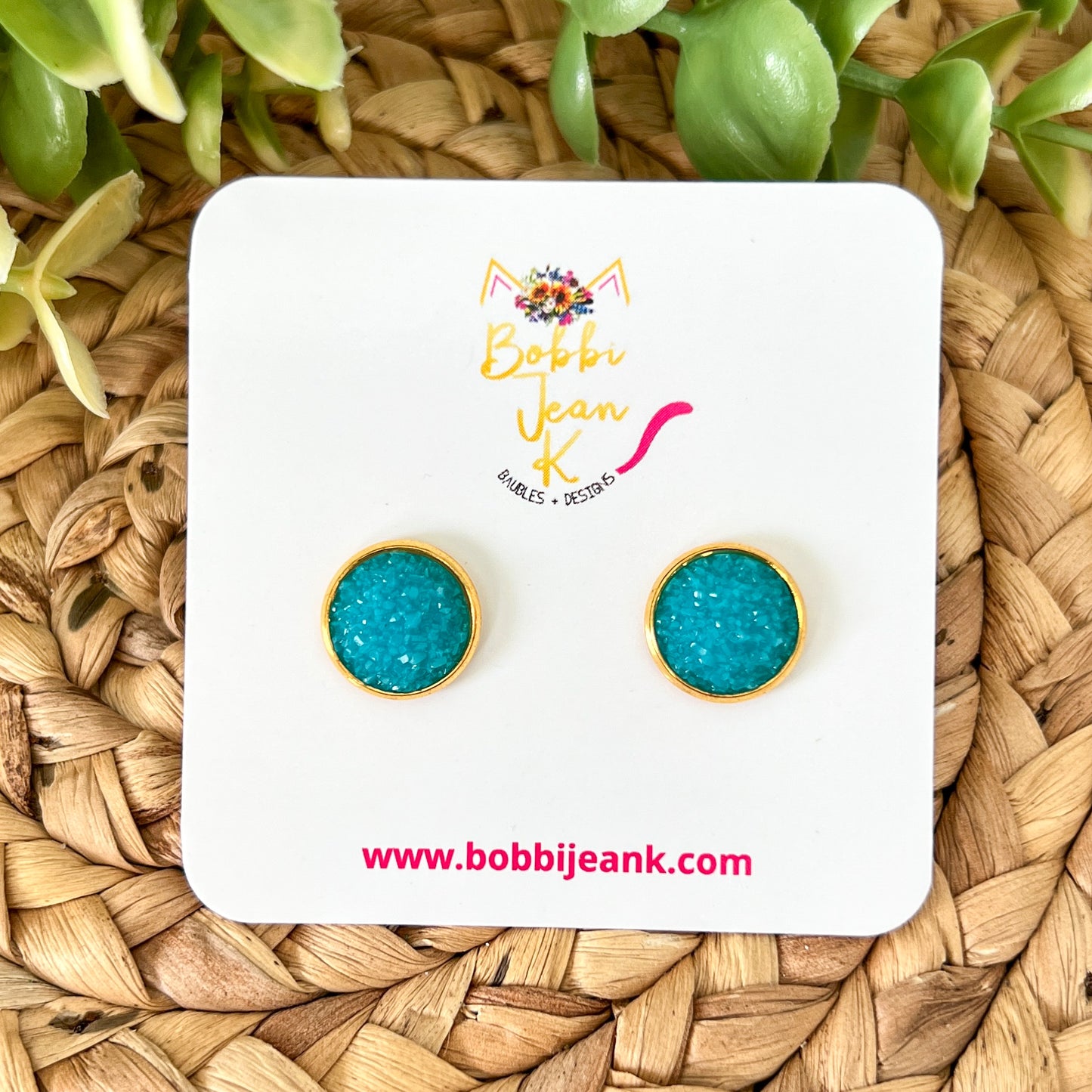 SALE: Coastal Blue Frosted Faux Druzy Studs 12mm: Choose Silver or Gold Settings