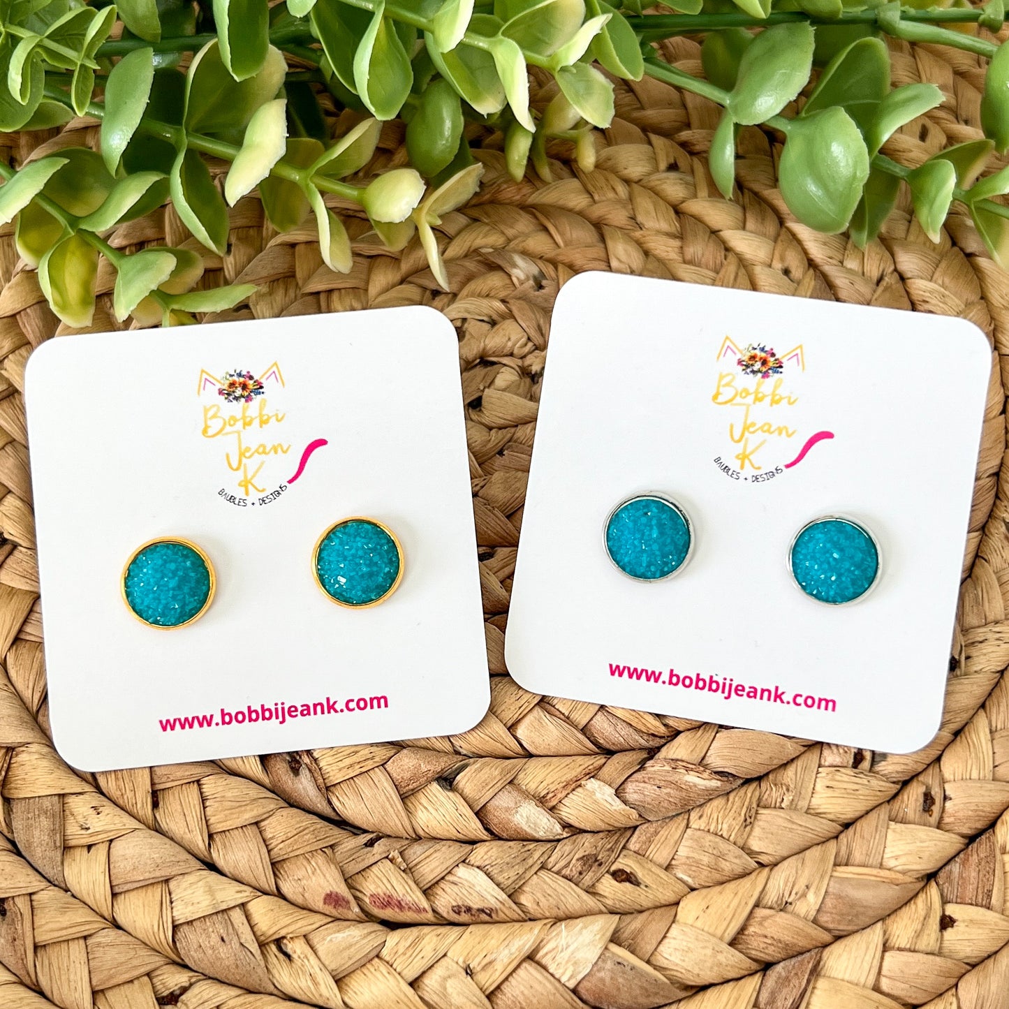 SALE: Coastal Blue Frosted Faux Druzy Studs 12mm: Choose Silver or Gold Settings