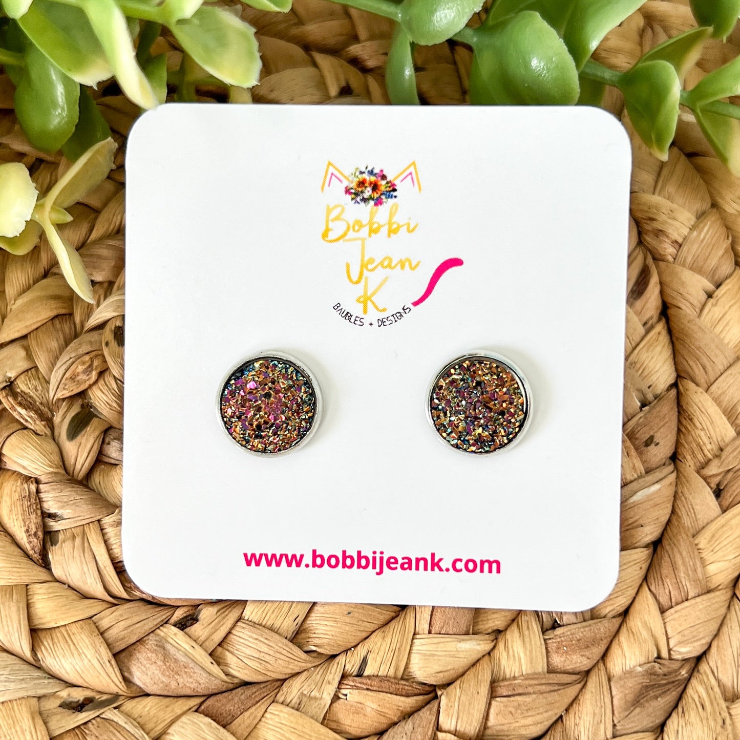 SALE: Dark Chocolate Multi Faux Druzy Studs 12mm: Choose Silver or Gold Settings - LOW STOCK