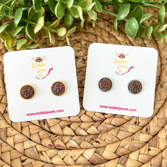 SALE: Dark Chocolate Multi Faux Druzy Studs 12mm: Choose Silver or Gold Settings - LOW STOCK