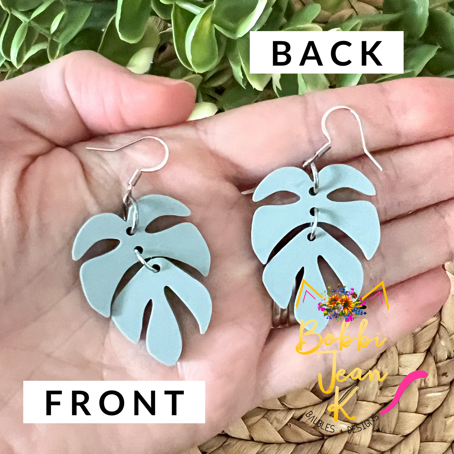 Sage Green Monstera Leaf Matte Acrylic Earrings (an August Bestie Box Pair)