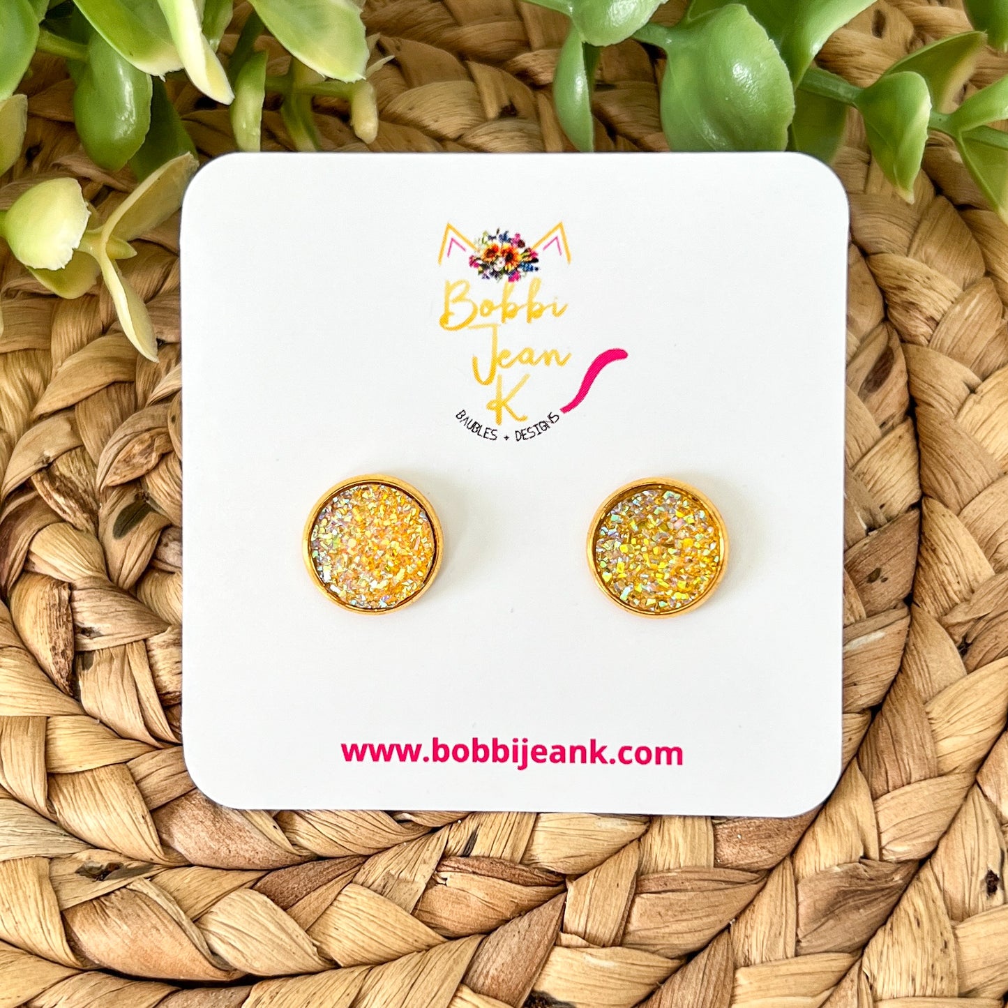 SALE: Golden Yellow Faux Druzy Studs 12mm: Choose Silver or Gold Settings