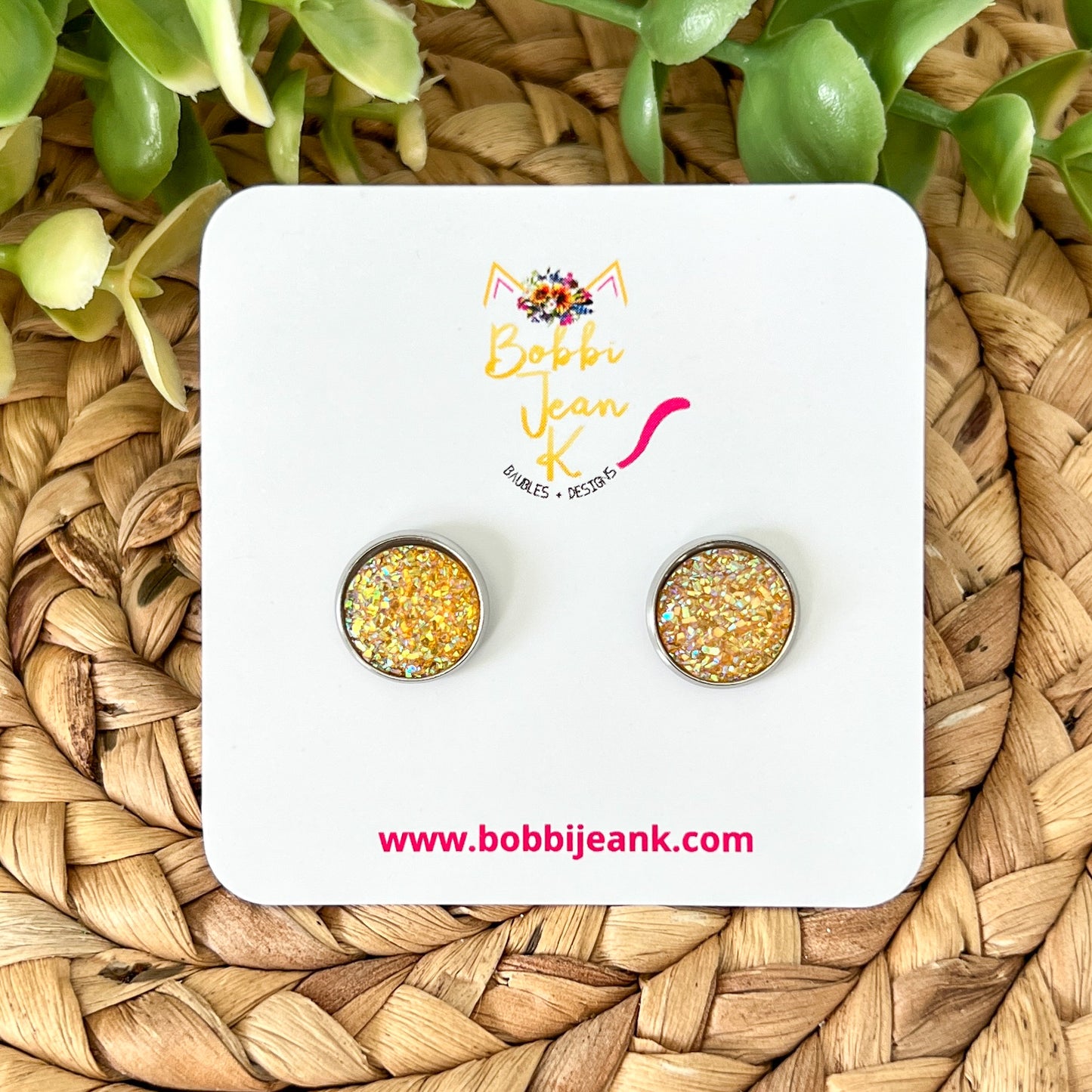SALE: Golden Yellow Faux Druzy Studs 12mm: Choose Silver or Gold Settings